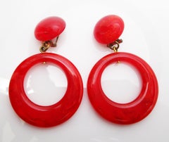 Art Deco Red Bakelite Hoop Dangle Earrings