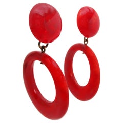 Art Deco Red Bakelite Hoop Dangle Earrings