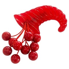 Vintage Art Deco Red Bakelite Horn of Plenty Brooch pin with Cherries