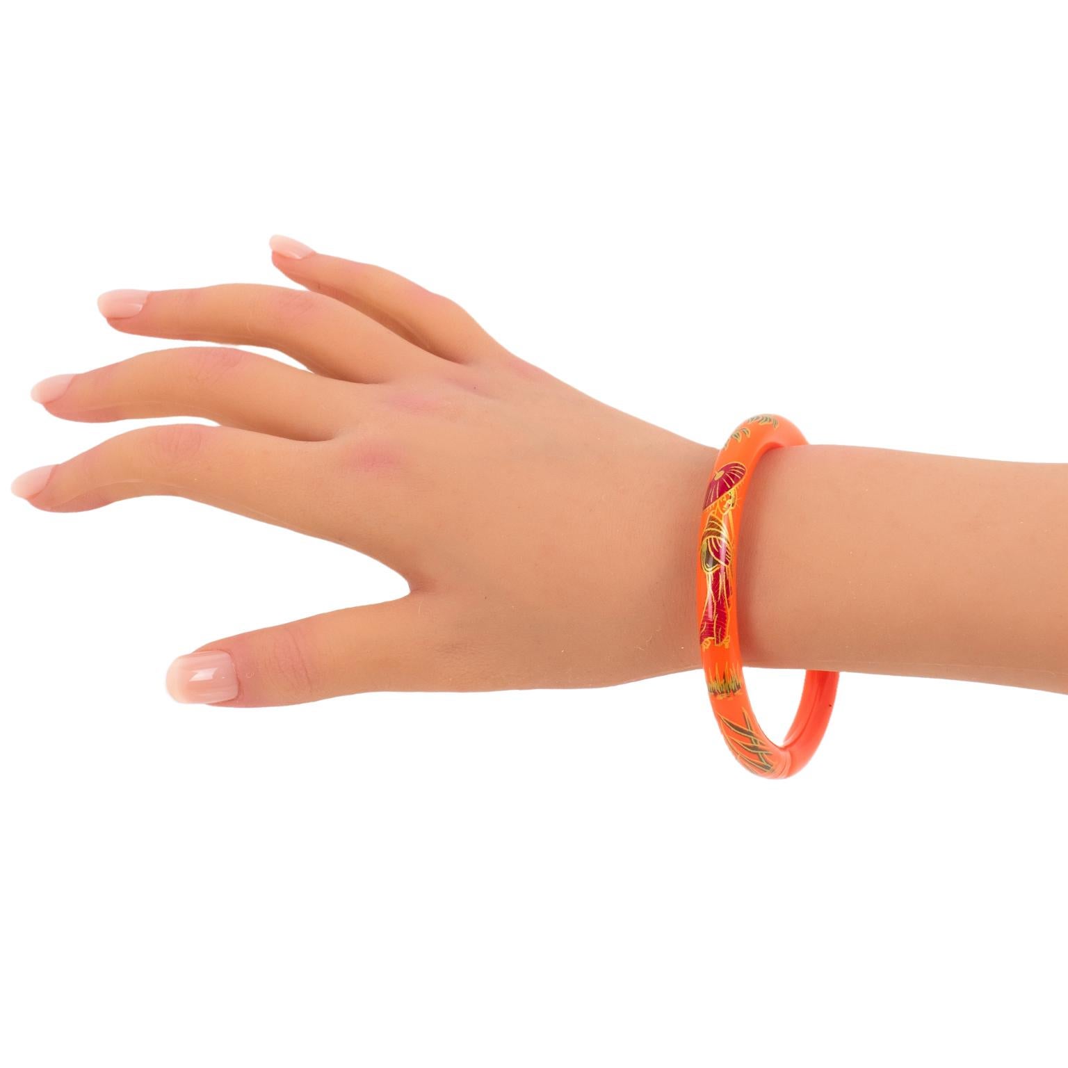 Women's or Men's Art Deco Red Celluloid Bracelet Bangle with Asian-Inspired Design For Sale