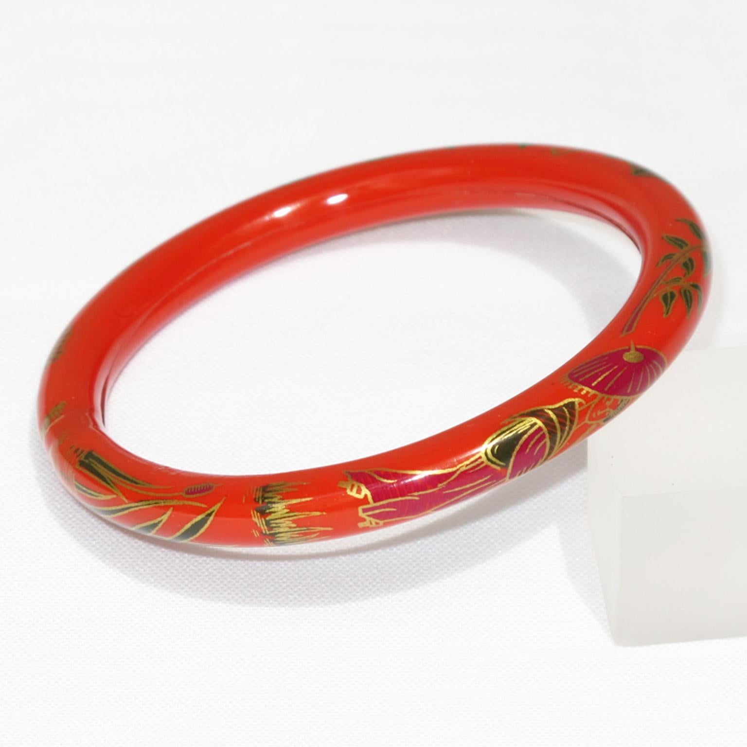 Art Deco Red Celluloid Bracelet Bangle with Asian-Inspired Design For Sale 1