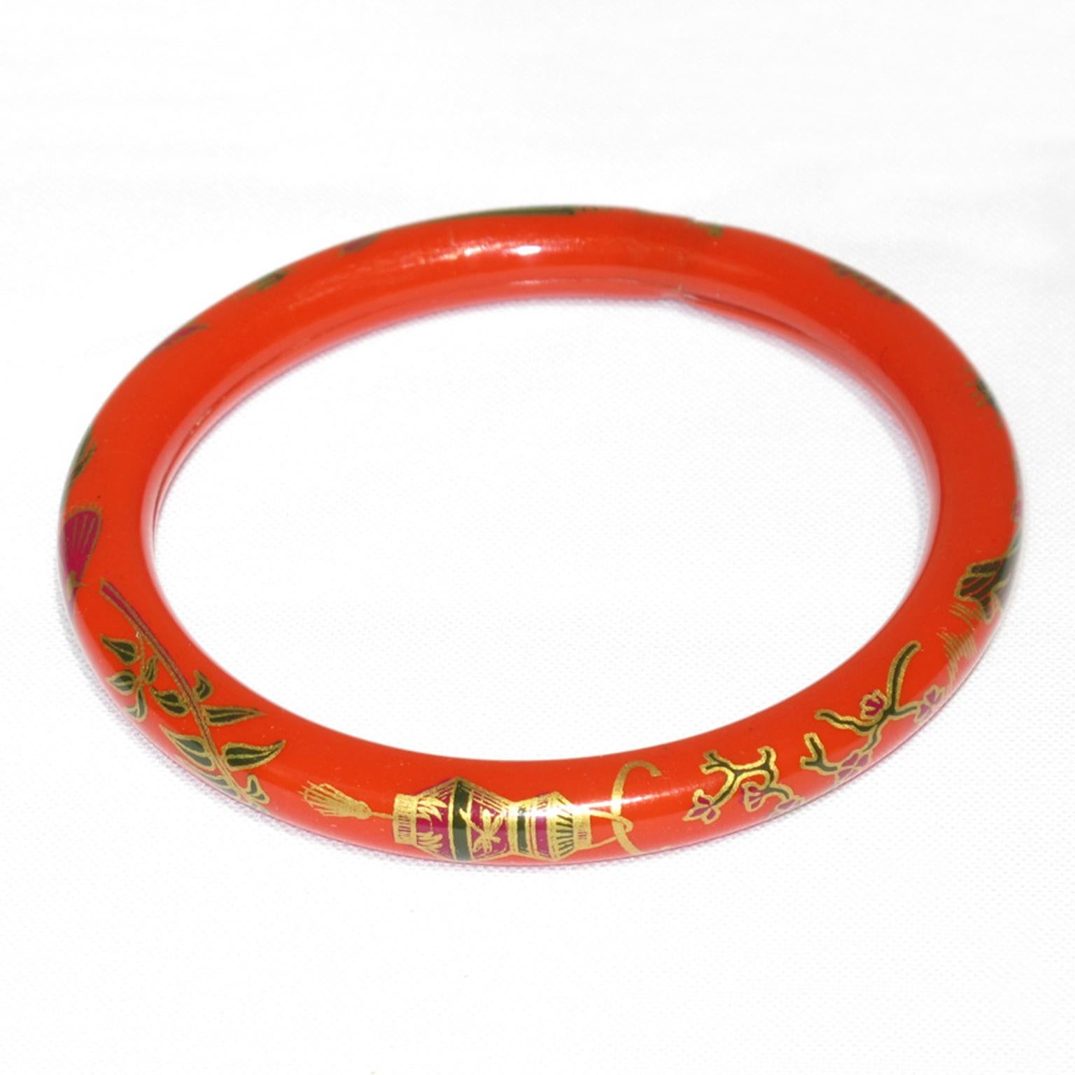 Art Deco Red Celluloid Bracelet Bangle with Asian-Inspired Design For Sale 2