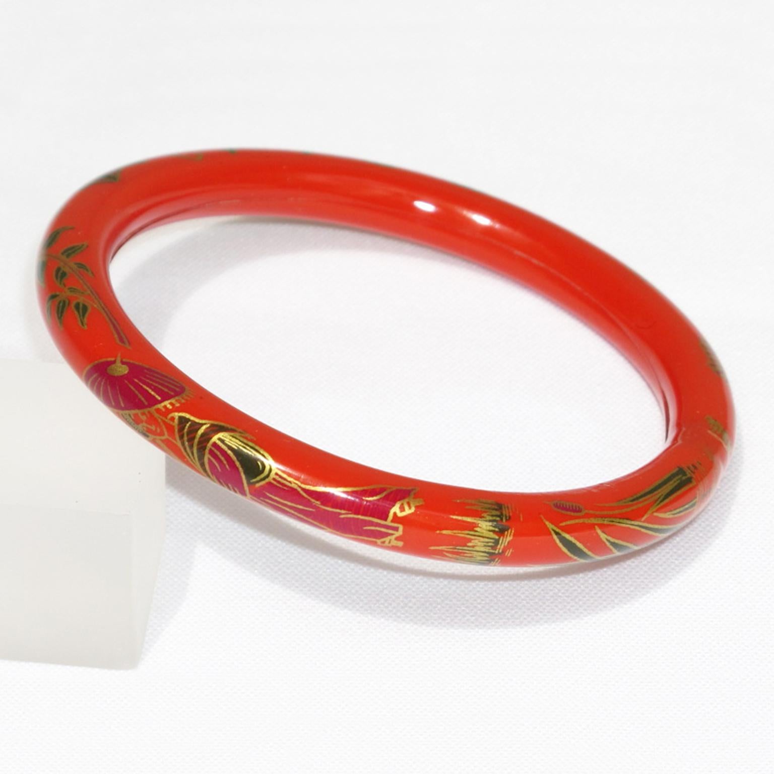 Art Deco Red Celluloid Bracelet Bangle with Asian-Inspired Design For Sale 4