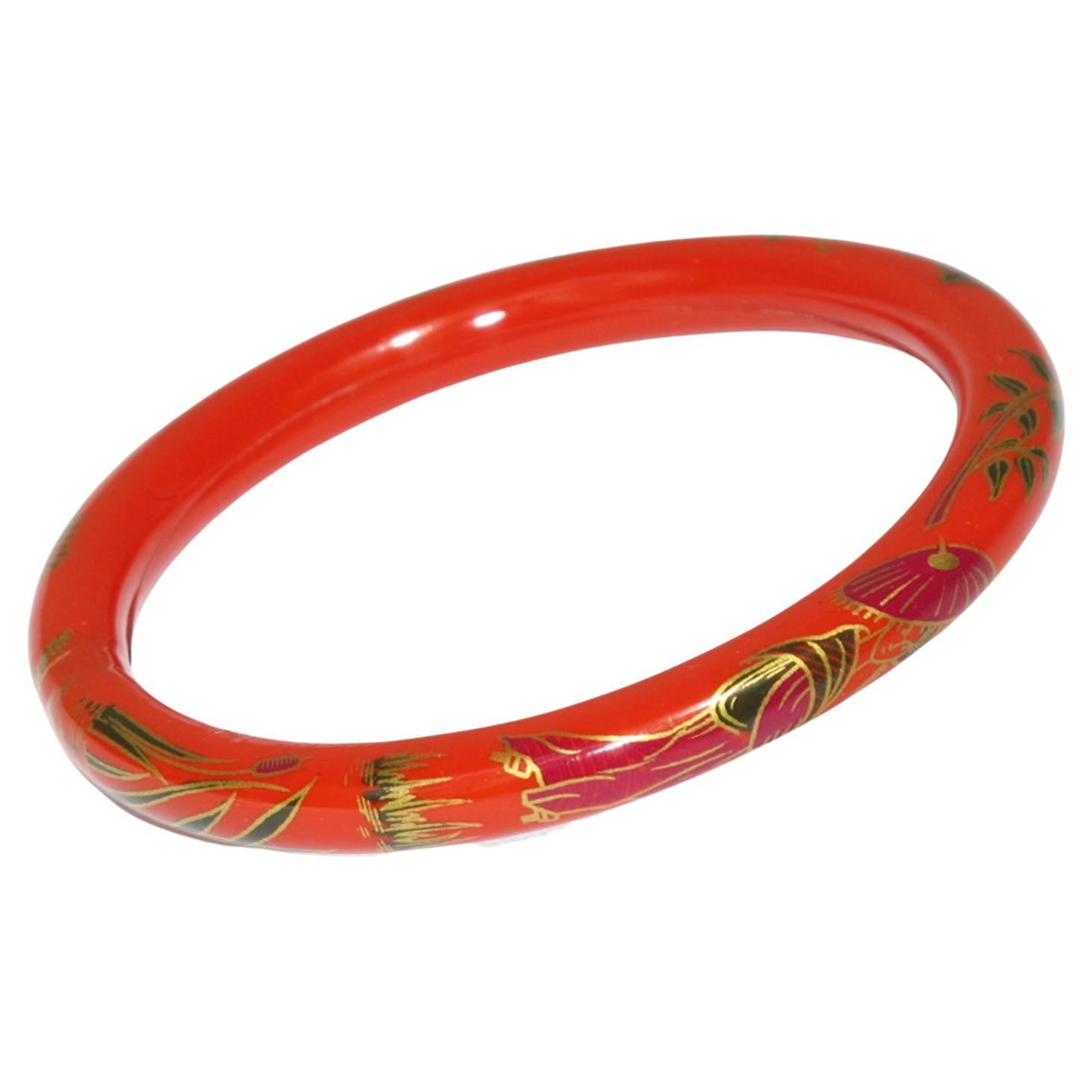 Art Deco Red Celluloid Bracelet Bangle with Asian-Inspired Design For Sale