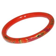 Antique Art Deco Red Celluloid Bracelet Bangle with Asian-Inspired Design