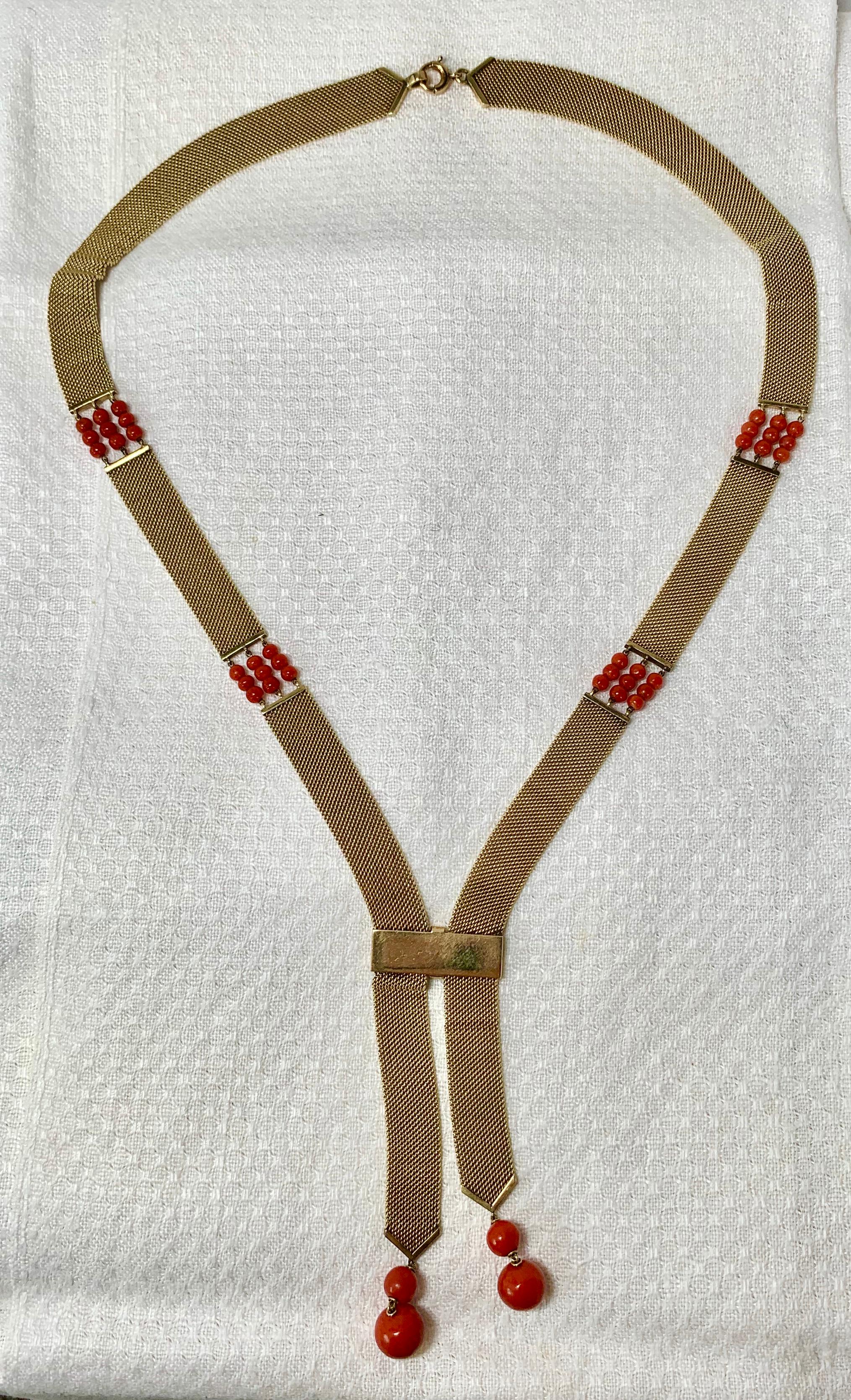 Bead Art Deco Red Coral 14 Karat Gold Negligee Mesh Necklace Antique For Sale