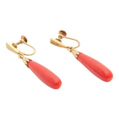 Pendants d'oreilles vintage en or 14 carats et corail rouge naturel