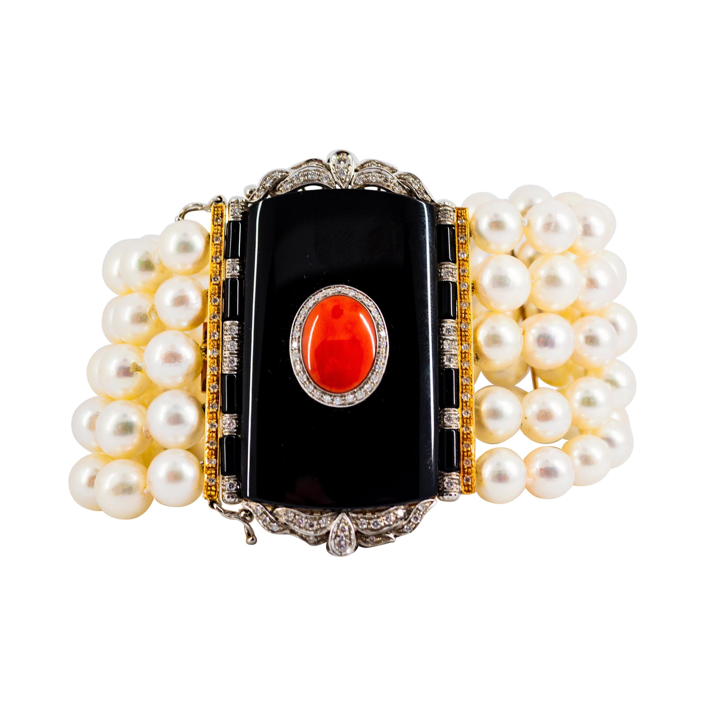 Art Deco Style Coral 1.60 Carat White Diamond Onyx Pearl Yellow Gold Bracelet