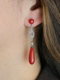 Art Deco Red Coral and Rose-Cut Diamonds Pendant Earrings
