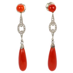 Art Deco Red Coral and Rose-Cut Diamonds Pendant Earrings