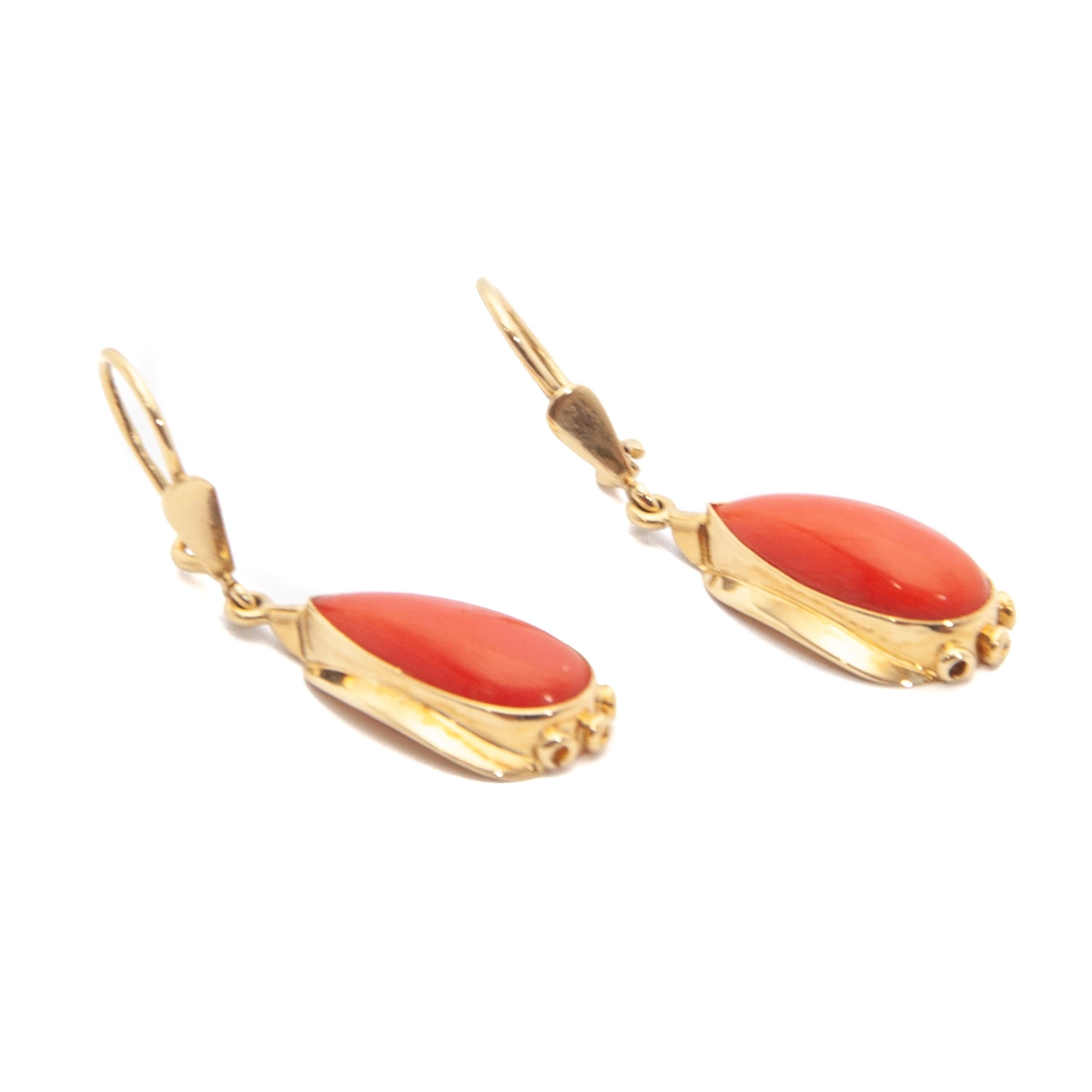 Oval Cut 14 Karat Gold Coral Dangle Earrings For Sale