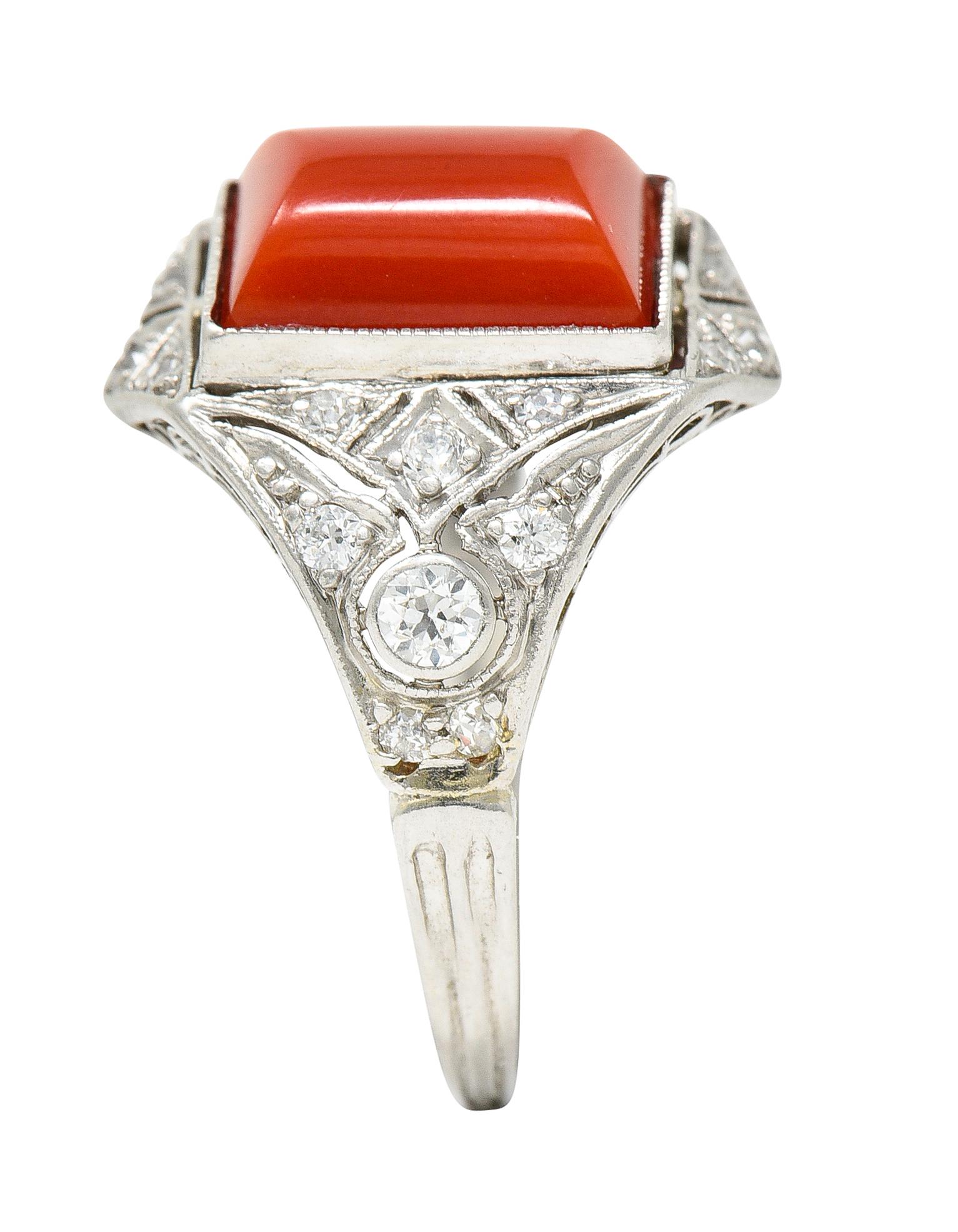 Art Deco Red Coral Diamond Platinum Dinner Ring Circa 1930 4