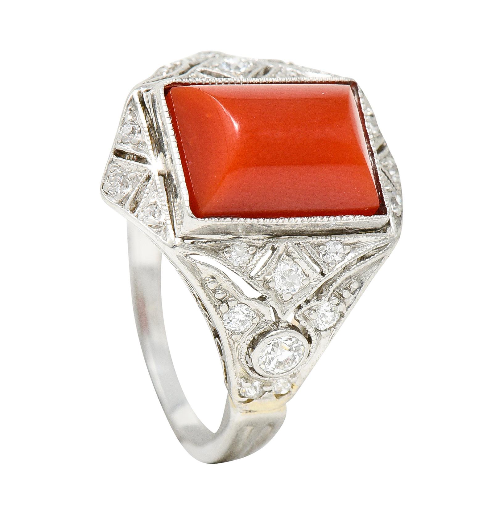 Art Deco Red Coral Diamond Platinum Dinner Ring Circa 1930 5