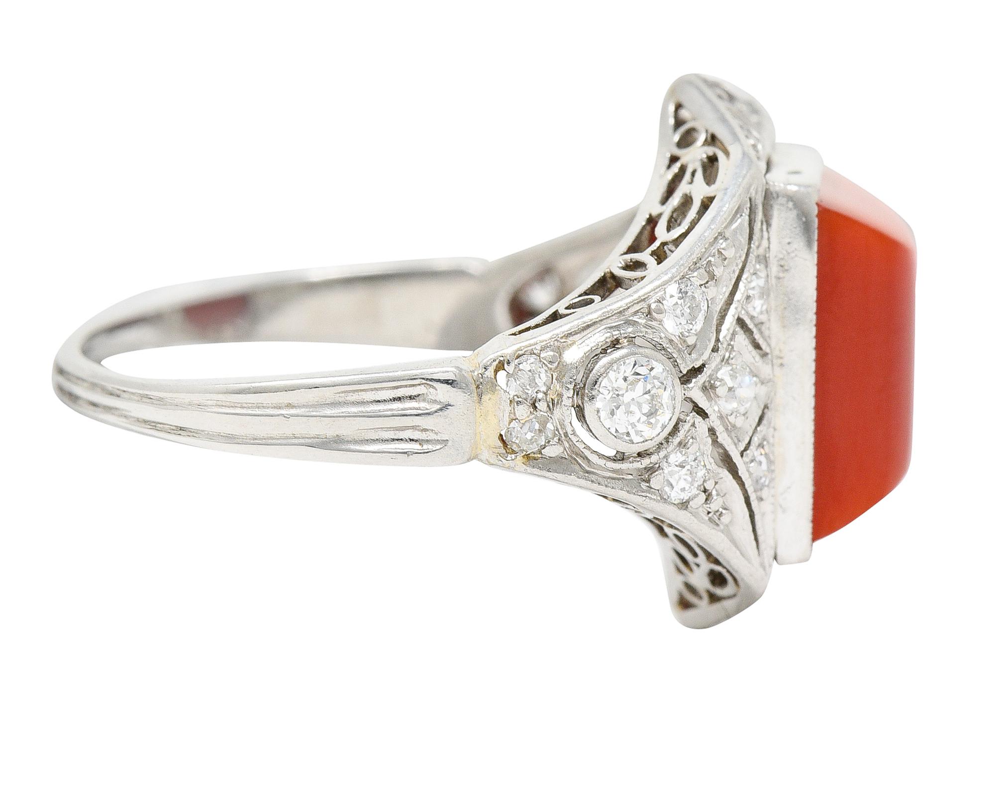 Cabochon Art Deco Red Coral Diamond Platinum Dinner Ring Circa 1930