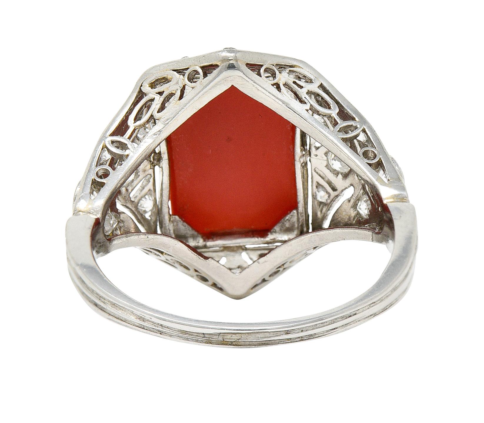 Art Deco Red Coral Diamond Platinum Dinner Ring Circa 1930 In Excellent Condition In Philadelphia, PA