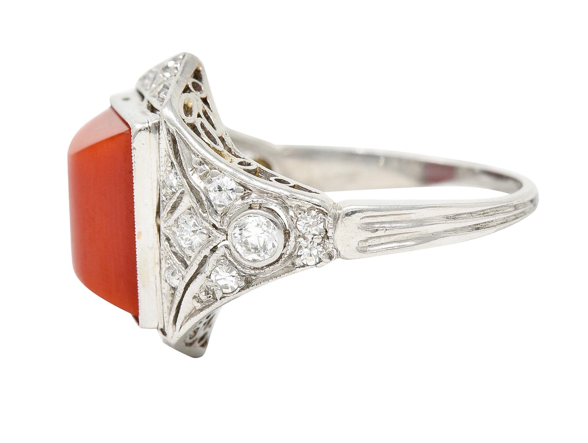 Women's or Men's Art Deco Red Coral Diamond Platinum Dinner Ring Circa 1930