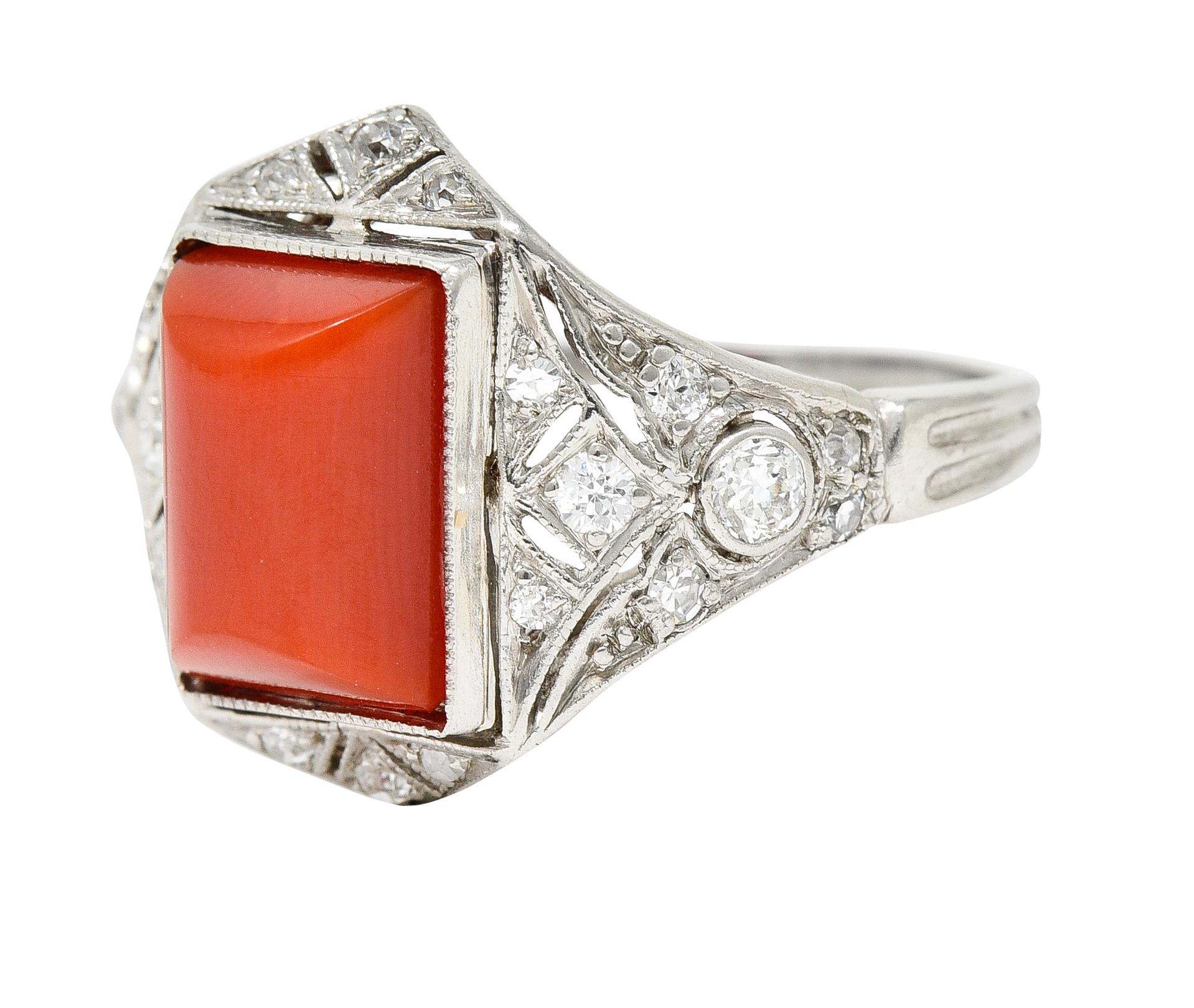 Art Deco Red Coral Diamond Platinum Dinner Ring Circa 1930 1