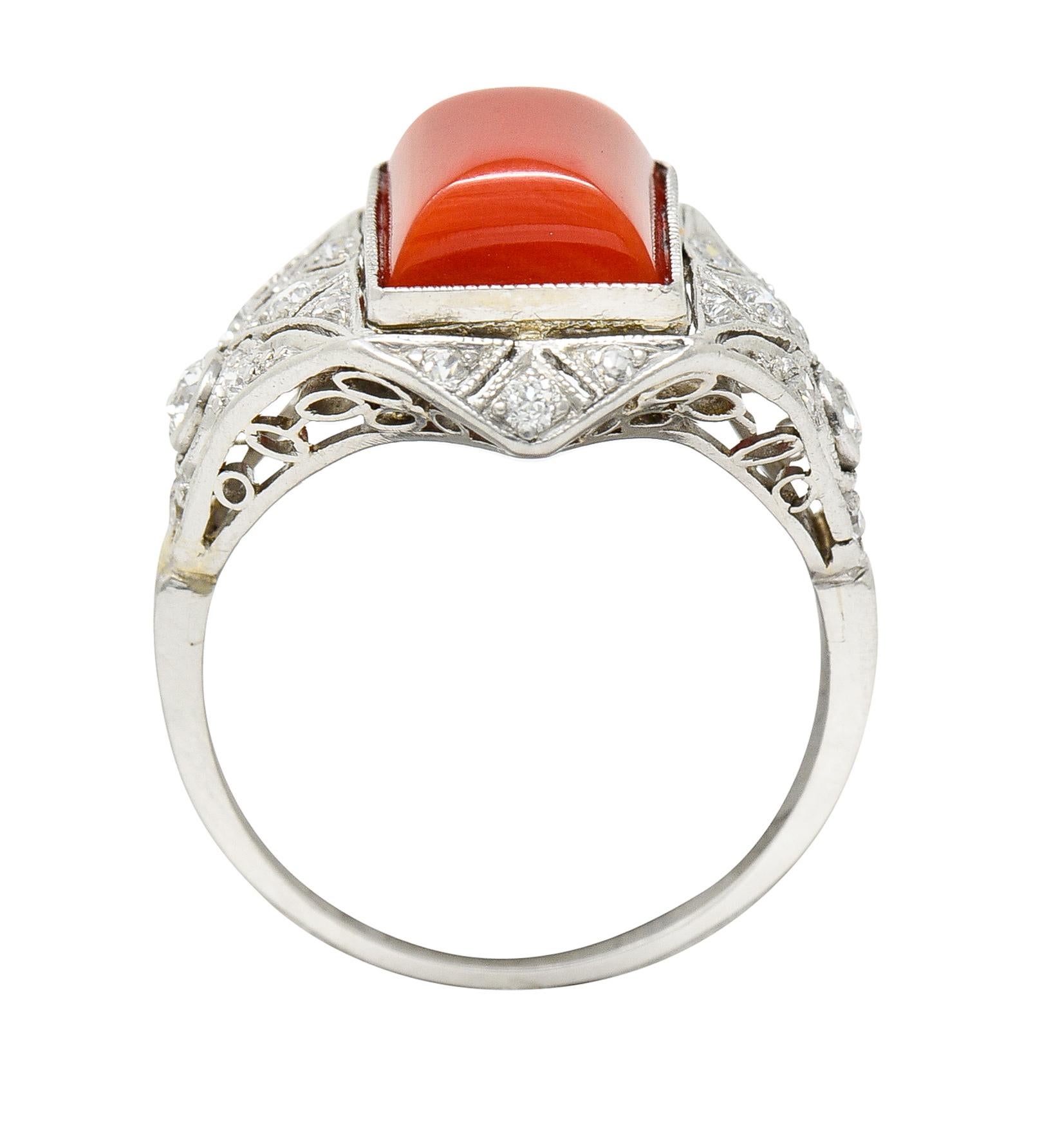 Art Deco Red Coral Diamond Platinum Dinner Ring Circa 1930 2