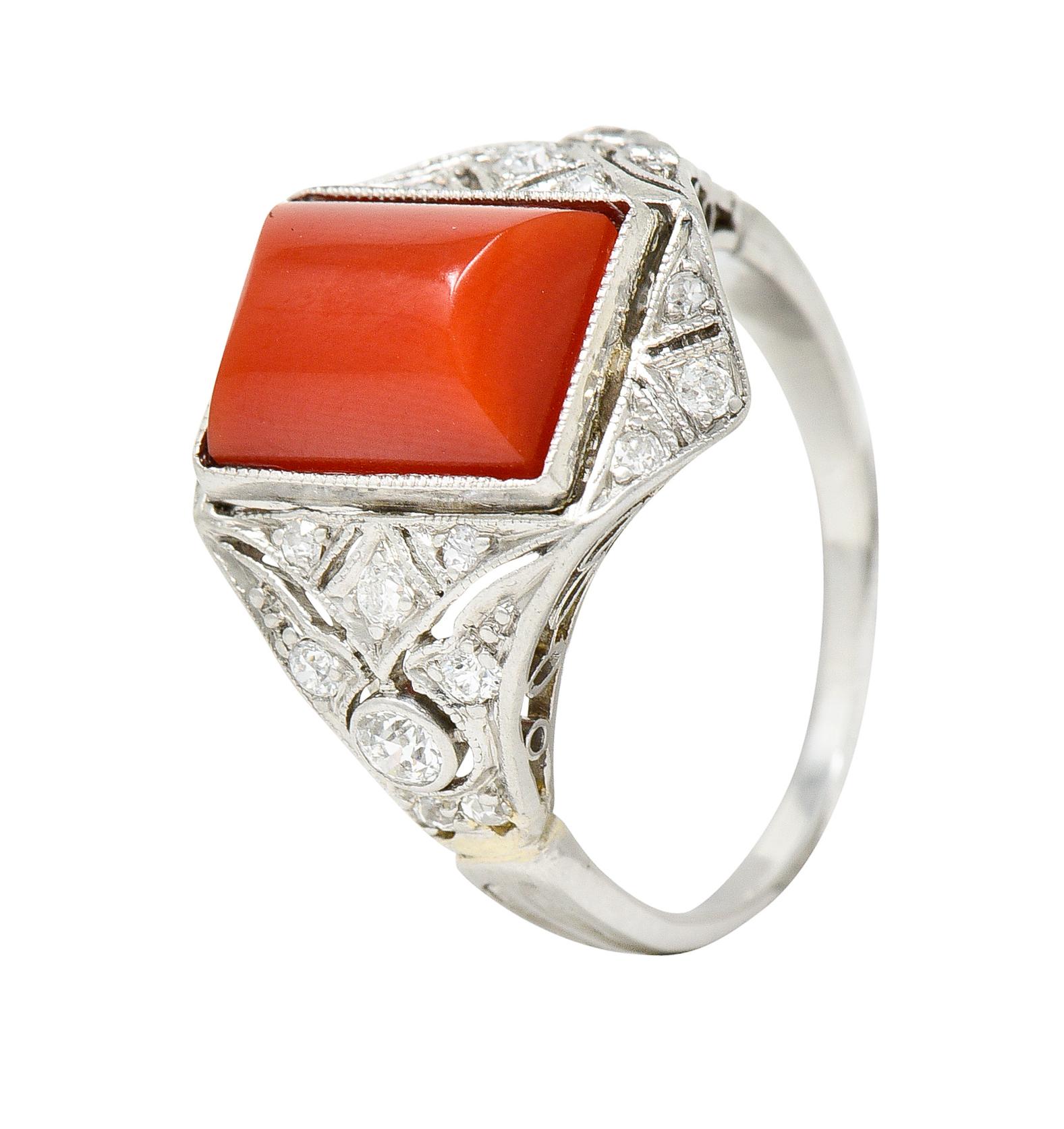 Art Deco Red Coral Diamond Platinum Dinner Ring Circa 1930 3