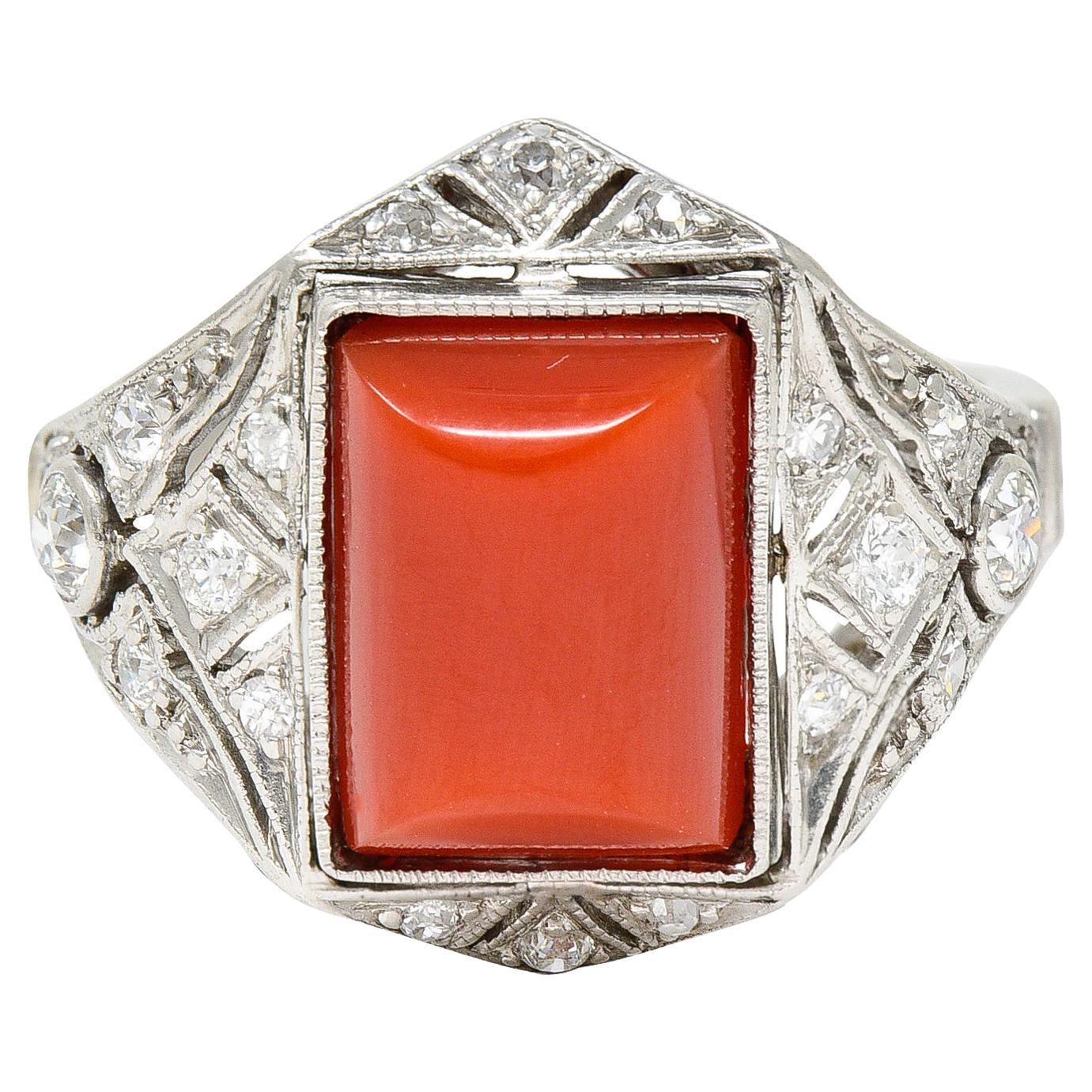 Art Deco Red Coral Diamond Platinum Dinner Ring Circa 1930