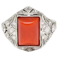 Art Deco Red Coral Diamond Platinum Dinner Ring Circa 1930