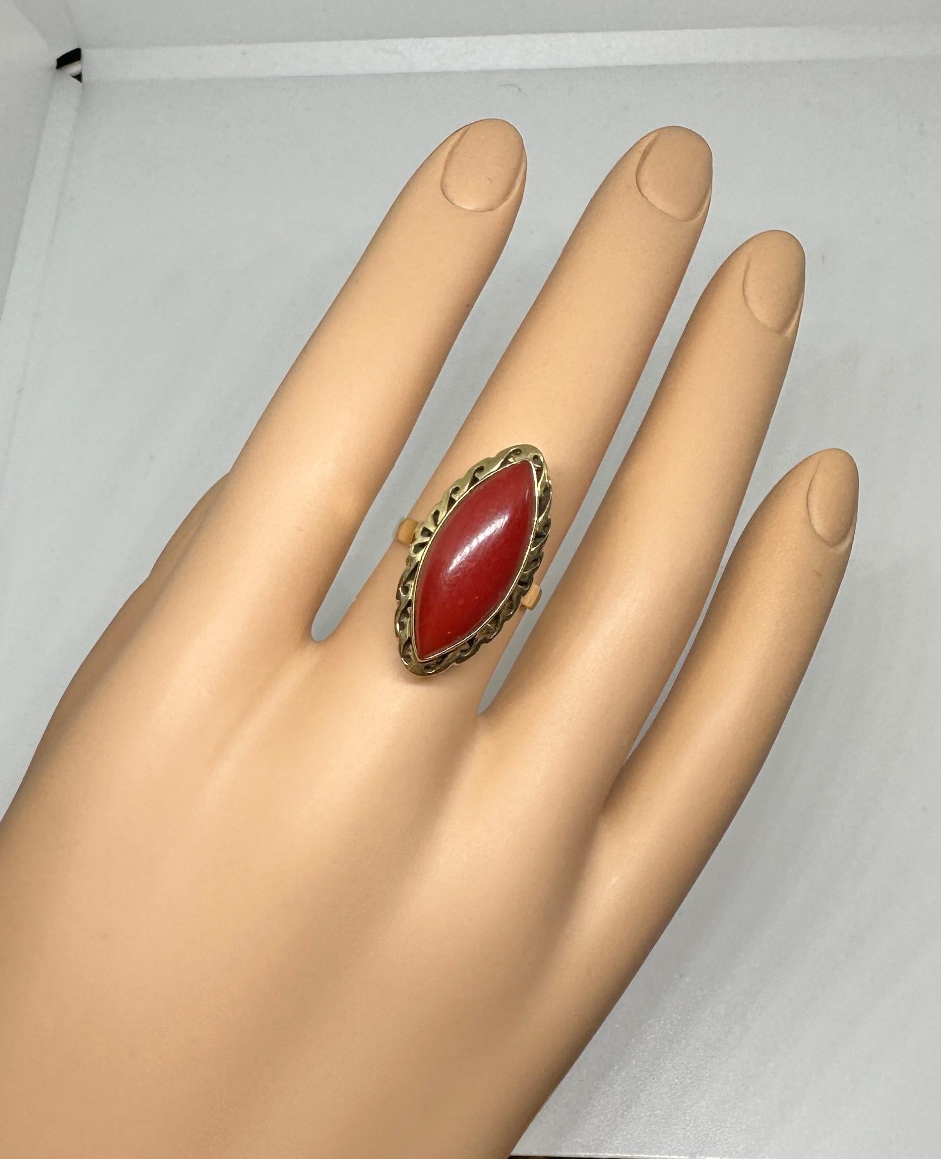 Women's Art Deco Red Coral Ring 14 Karat Gold Navette Marquise Red Coral Cabochon For Sale