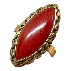 Art Deco Red Coral Ring 14 Karat Gold Navette Marquise Red Coral Cabochon