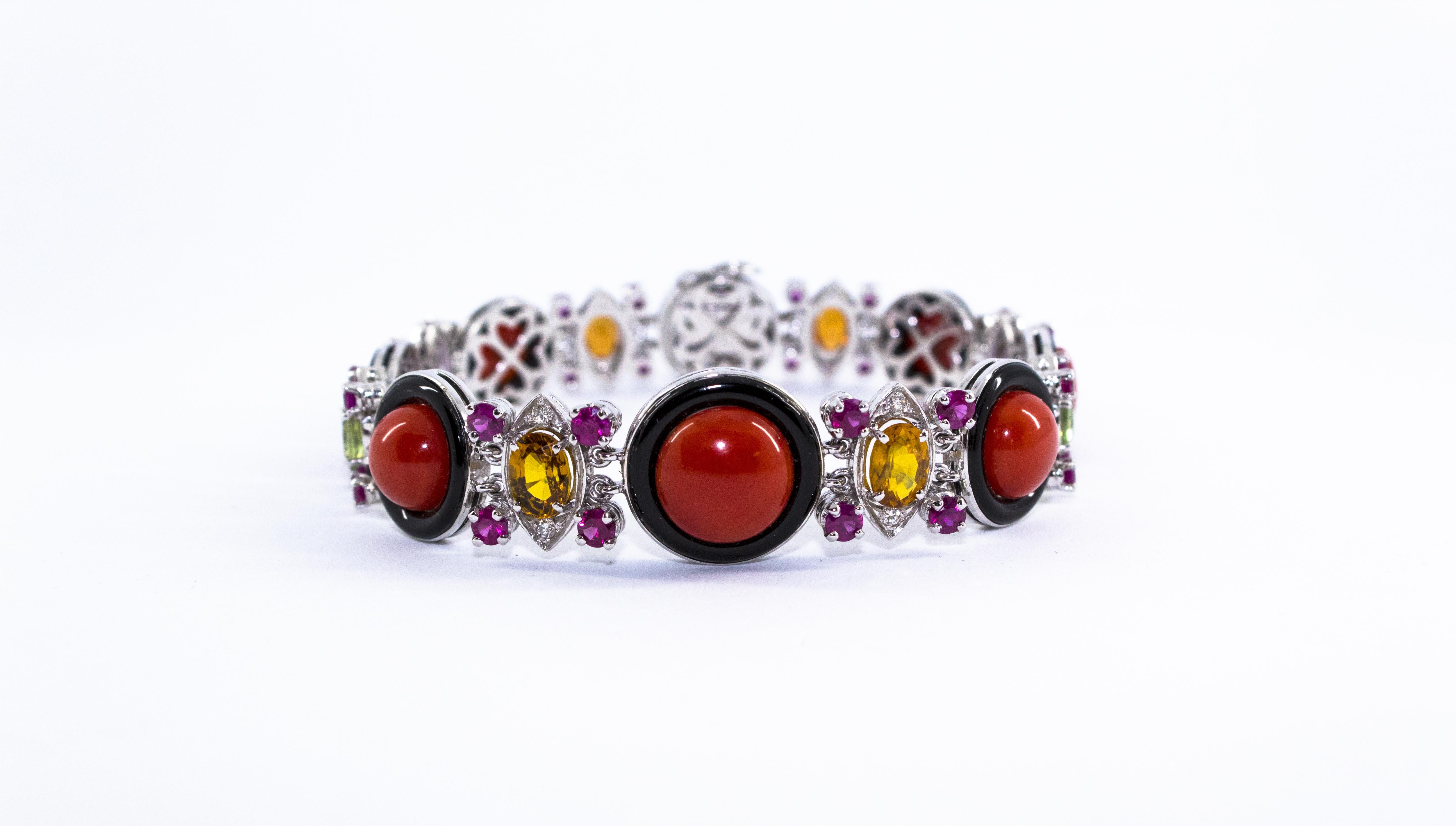 Art Deco Style Red Coral Ruby Sapphire White Diamond Onyx White Gold Bracelet 8