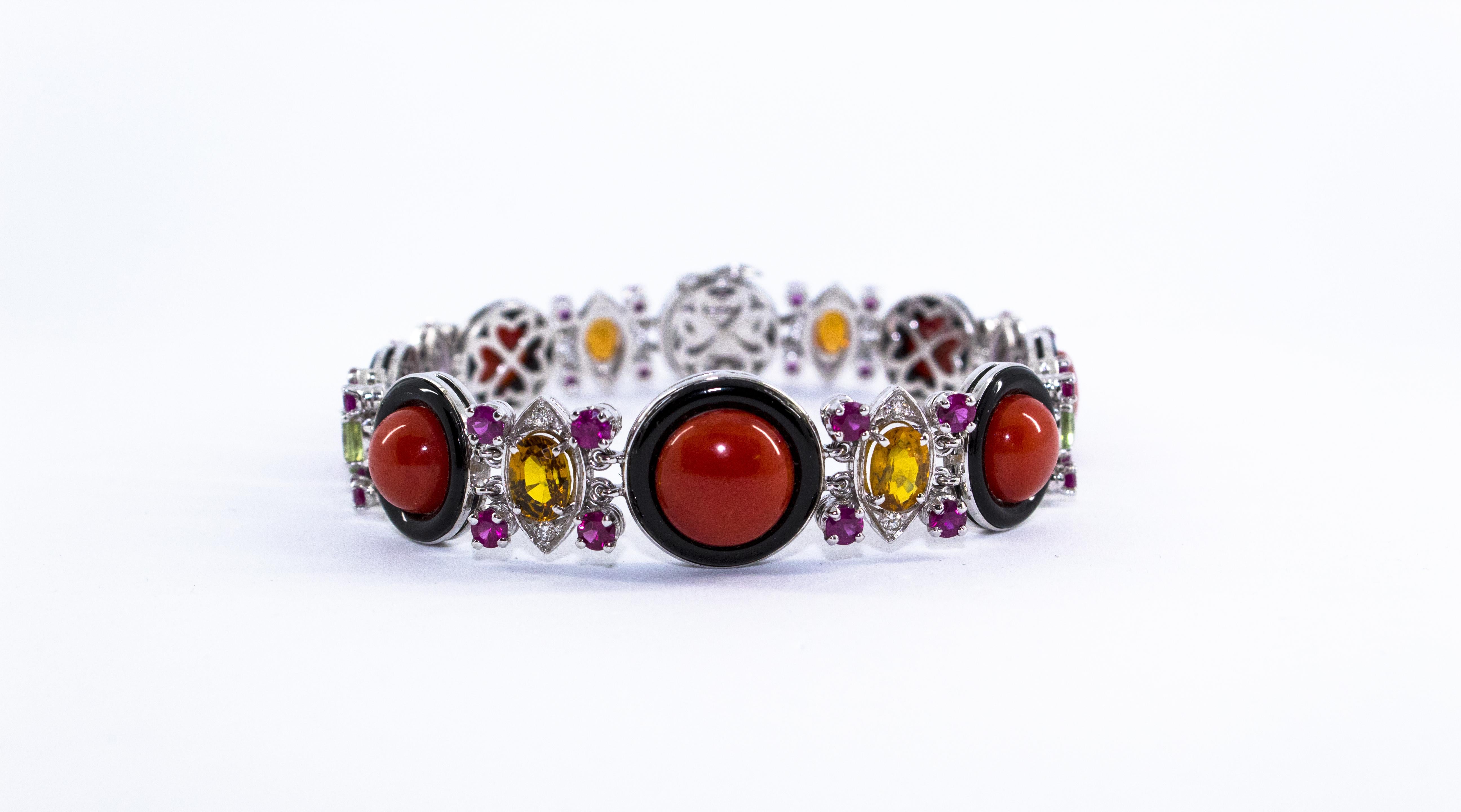 Art Deco Style Red Coral Ruby Sapphire White Diamond Onyx White Gold Bracelet 9