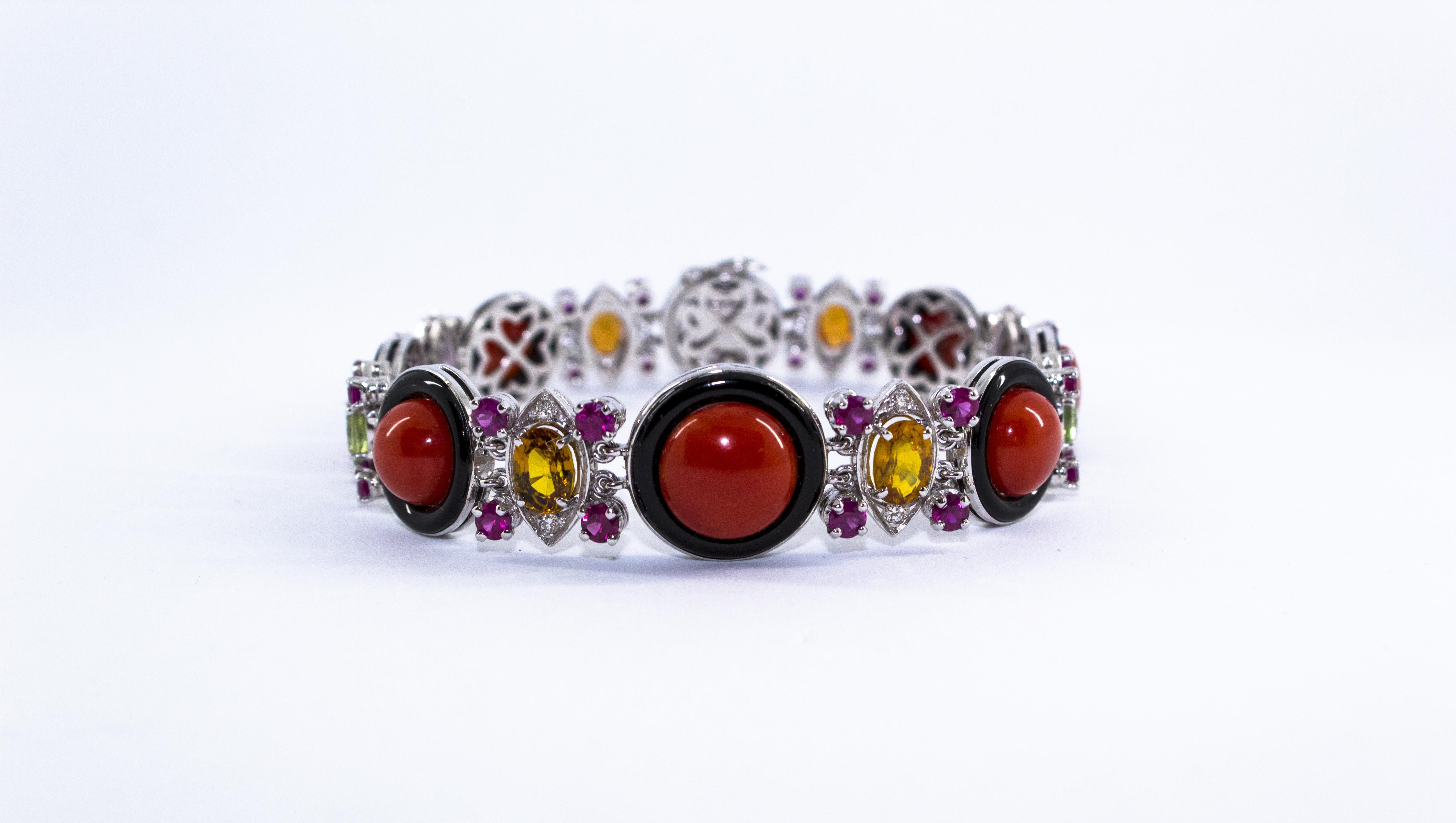 Art Deco Style Red Coral Ruby Sapphire White Diamond Onyx White Gold Bracelet 10