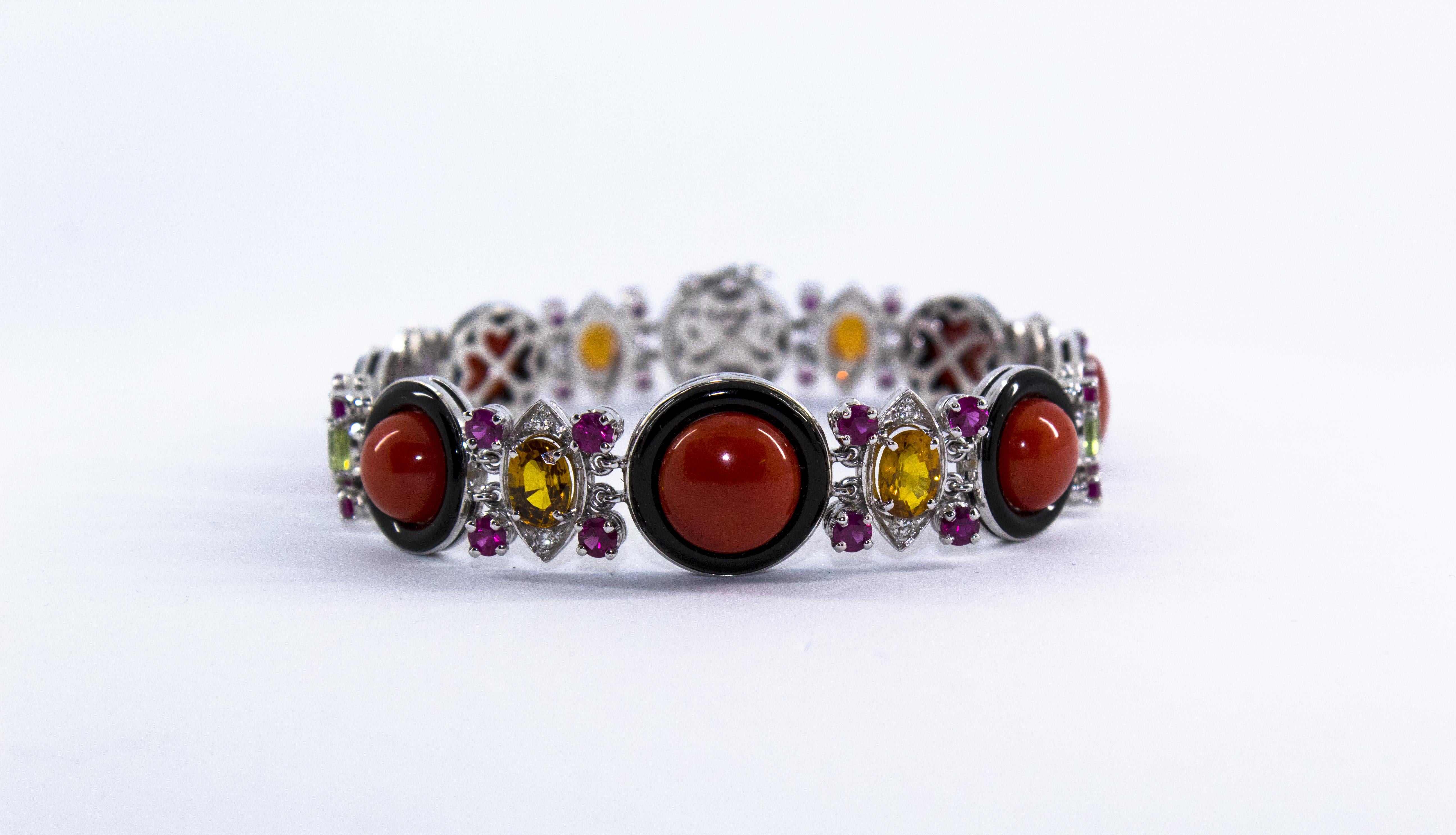 Art Deco Style Red Coral Ruby Sapphire White Diamond Onyx White Gold Bracelet 13