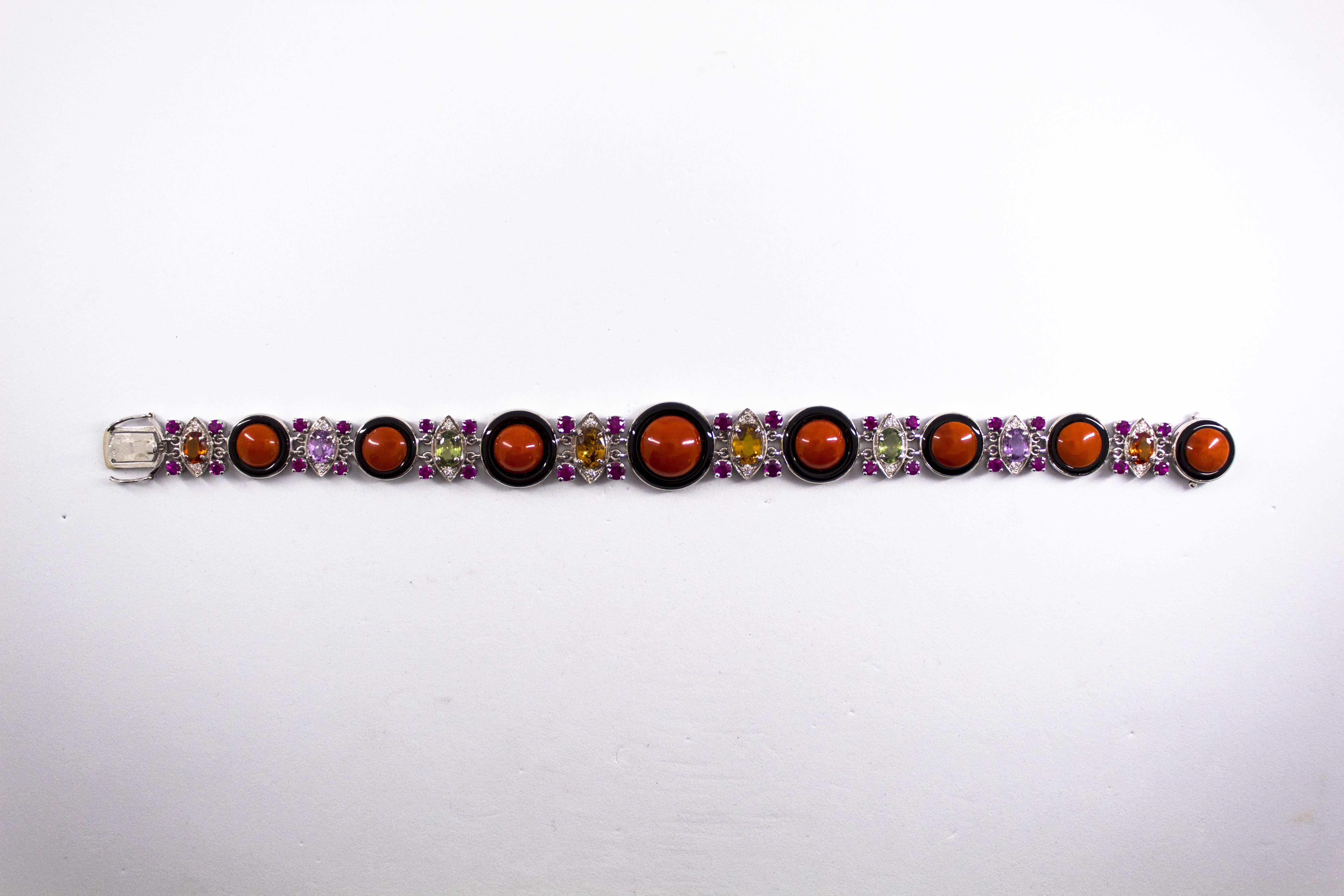 Art Deco Style Red Coral Ruby Sapphire White Diamond Onyx White Gold Bracelet In New Condition In Naples, IT