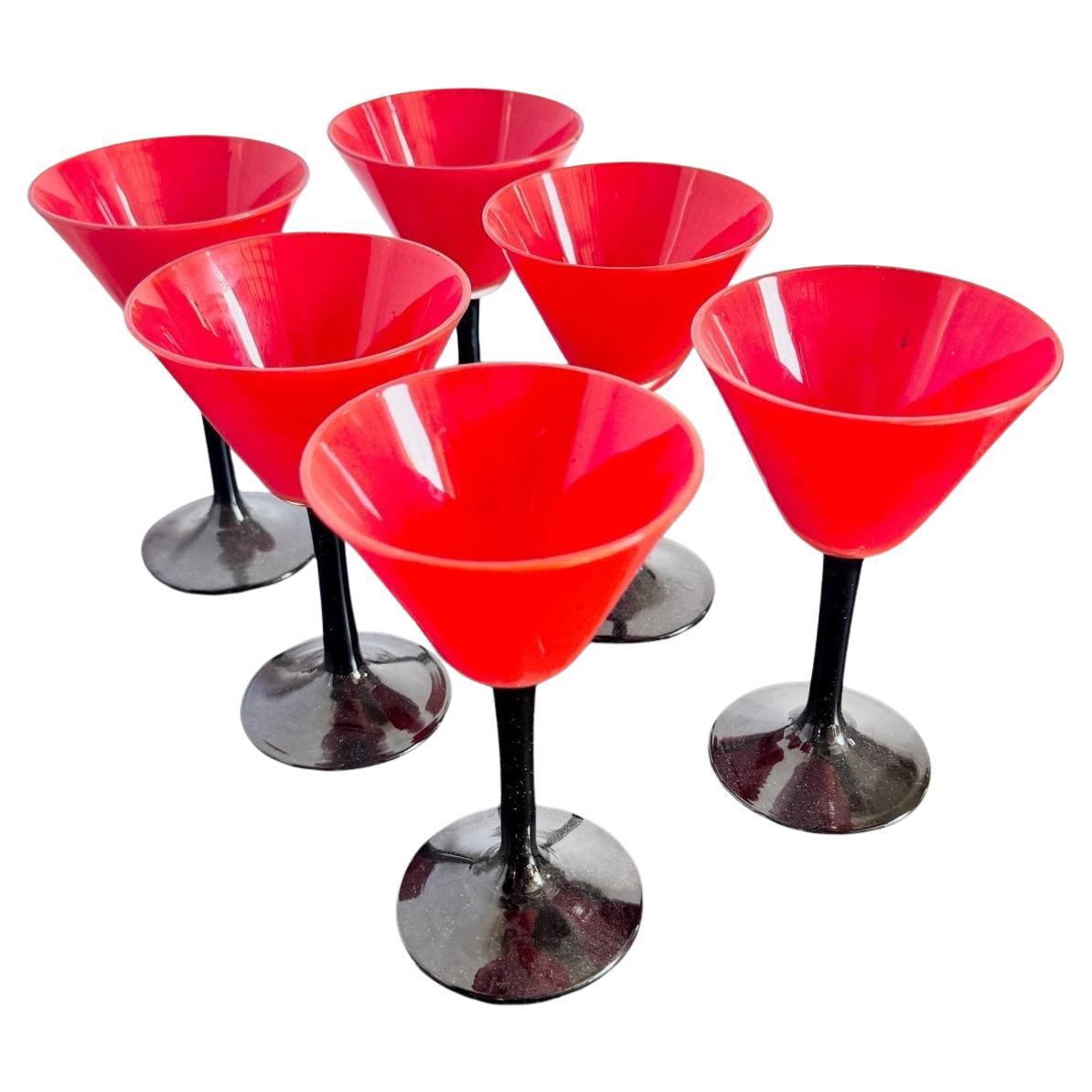 Art Deco Rote Becher und schwarze Stielgläser - 6 Stück