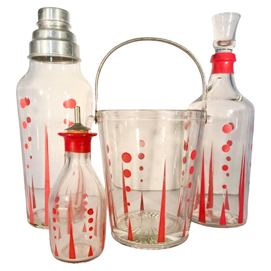 Art Deco Red Enamel Decorated Four Piece Cocktail Shaker / Ice Bucket Suite