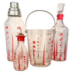 Art Deco Red Enamel Decorated Four Piece Cocktail Shaker / Ice Bucket Suite