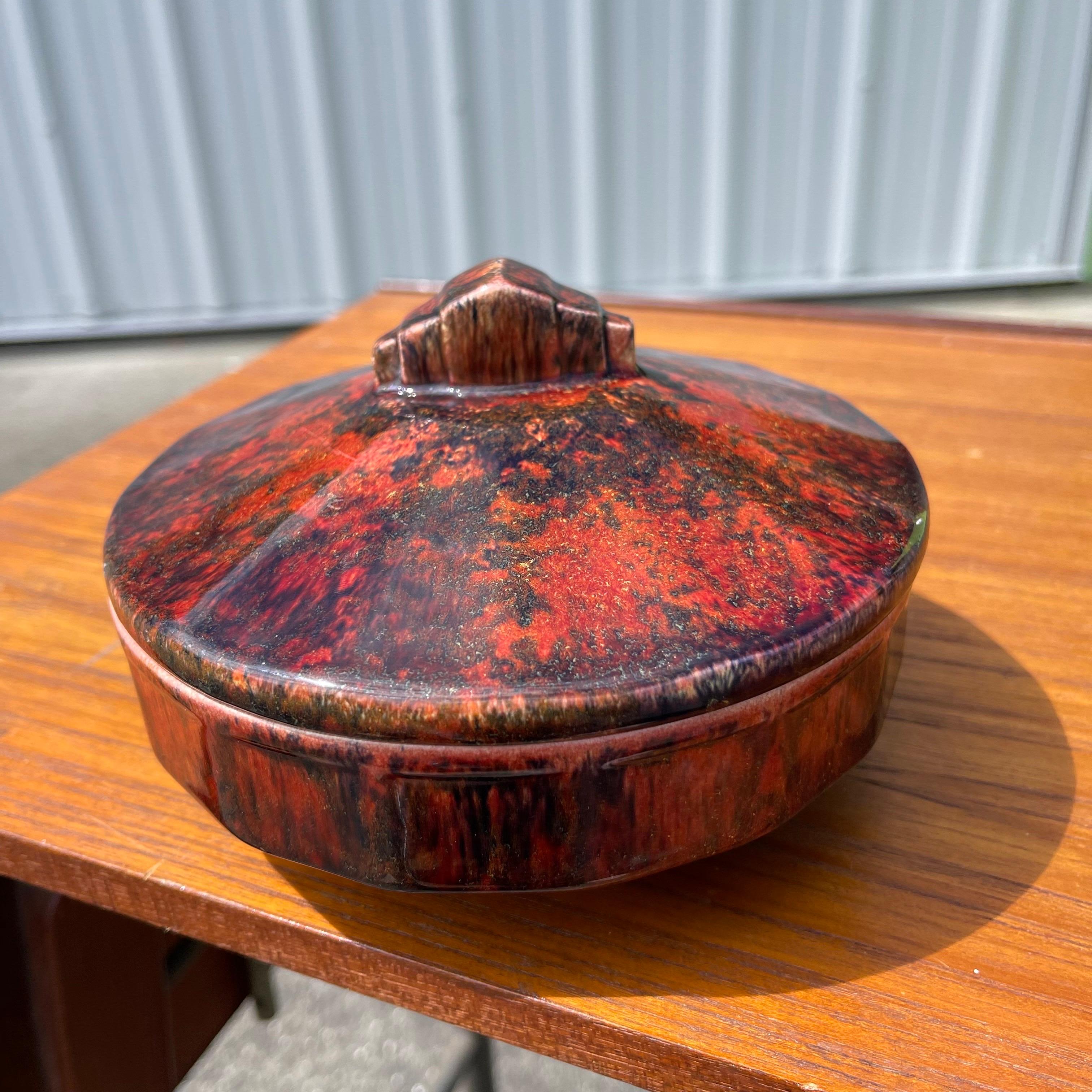 Stunning flambé glaze ceramic lidded box by Paul Millet for Sevres, originally retailed by Ovington Brothers, New York.