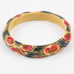 Celluloid Bracelet Bangle with Daisy Flowers Carving