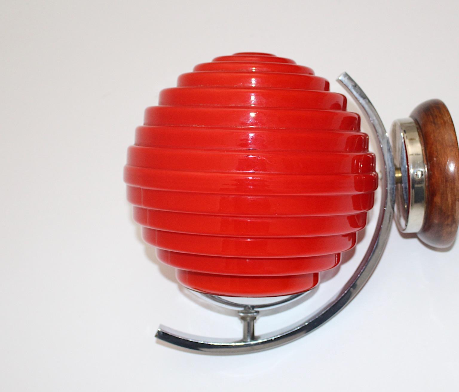 European Art Deco Red Glass Chromed Metal Sconce Wall Light Lampion 1920s Austria For Sale