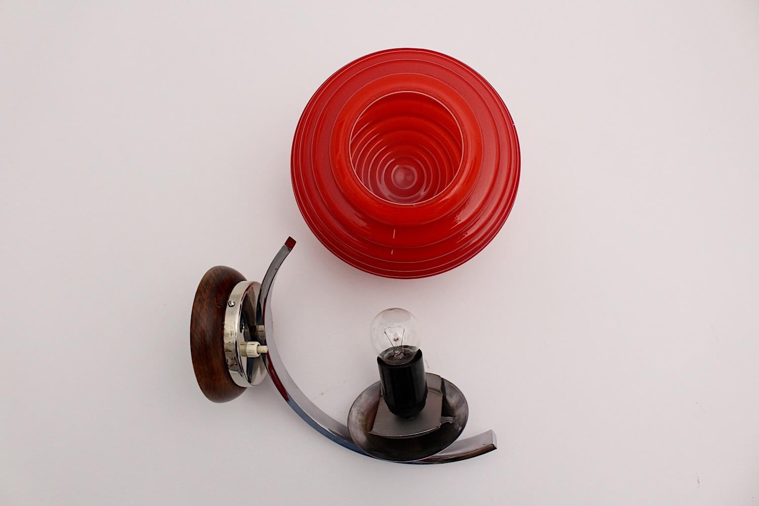 Art Deco Red Glass Chromed Metal Sconce Wall Light Lampion 1920s Austria For Sale 3