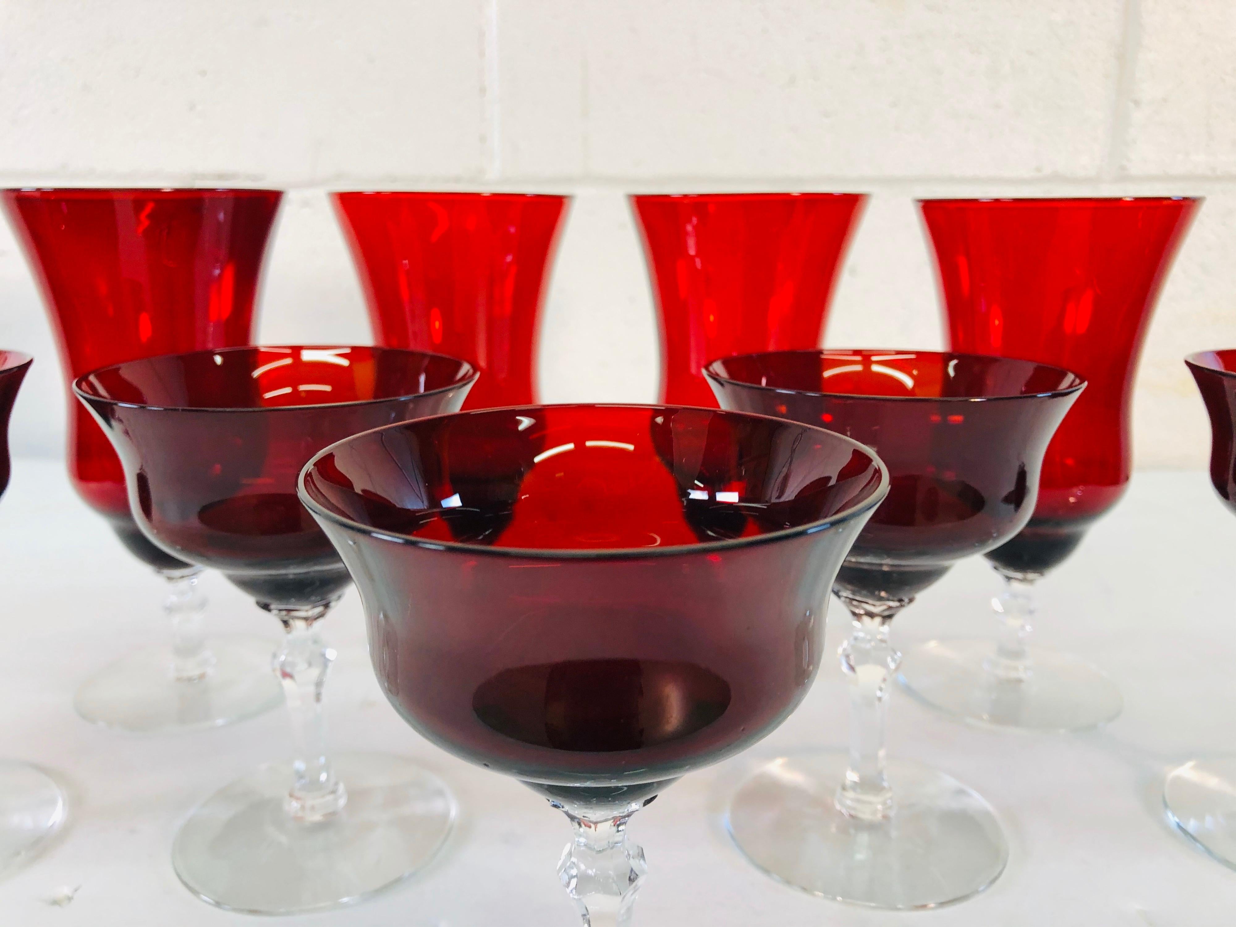 American Art Deco Red Glass Stems, Set of 9