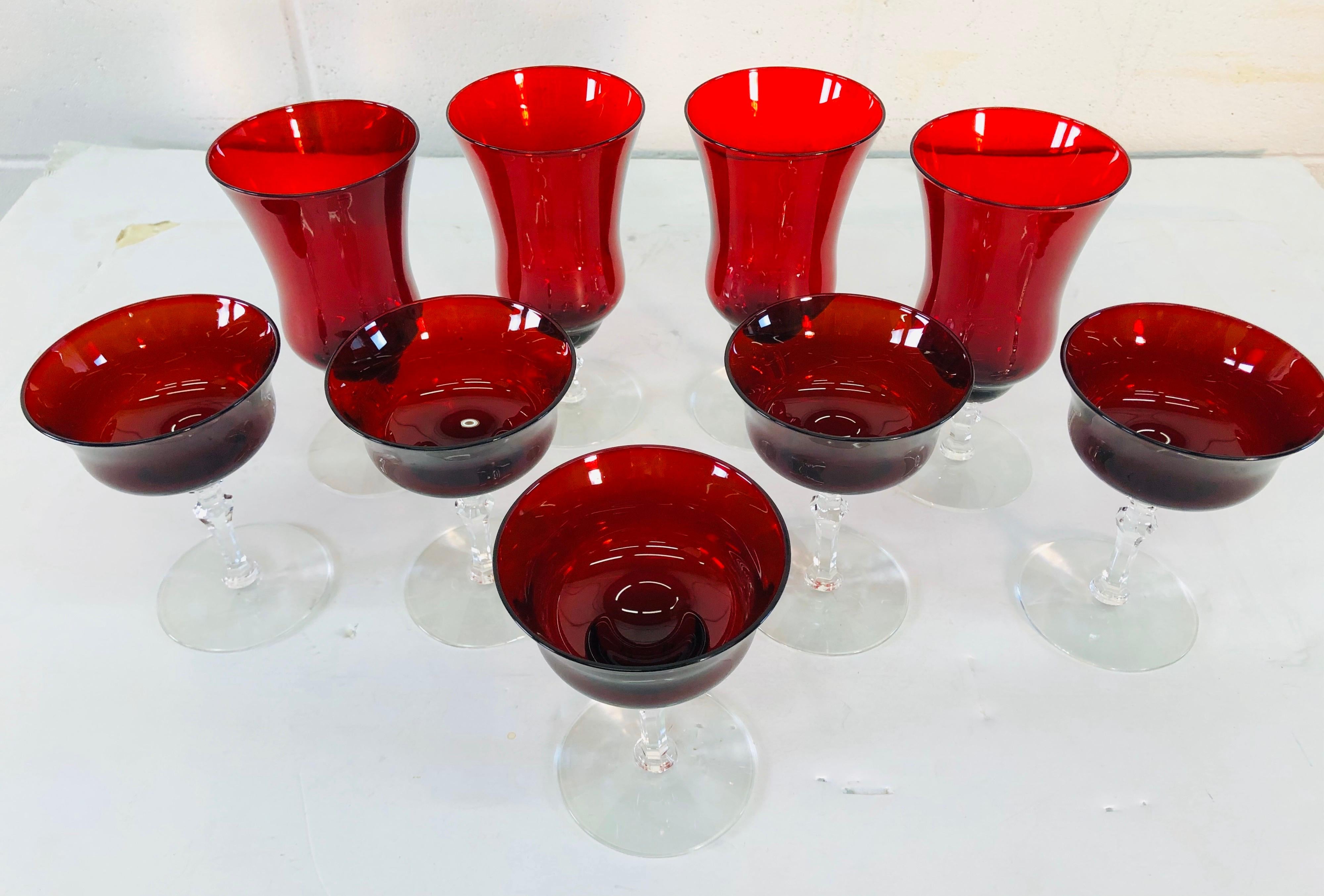 Art Deco Red Glass Stems, Set of 9 In Good Condition In Amherst, NH