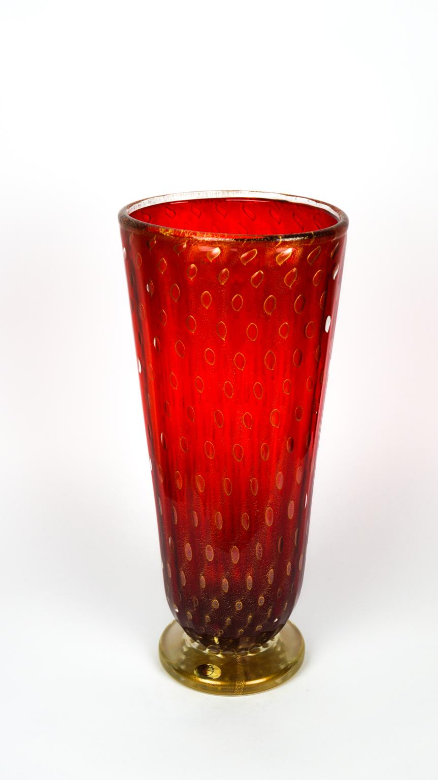 Art Deco Red Gold Design Italian Art Glass Vase by Stefano Mattiello For Sale 4