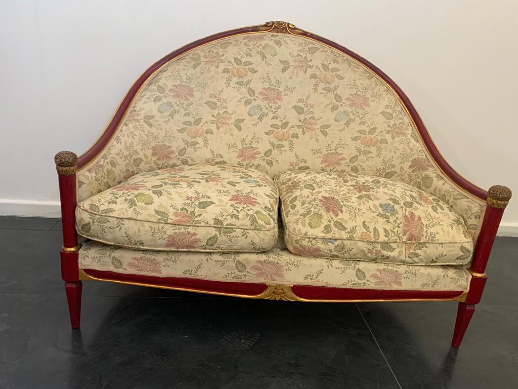 Fabric Art Deco Red Lacquered Sofa and Pair of Armchairs, 1930s For Sale