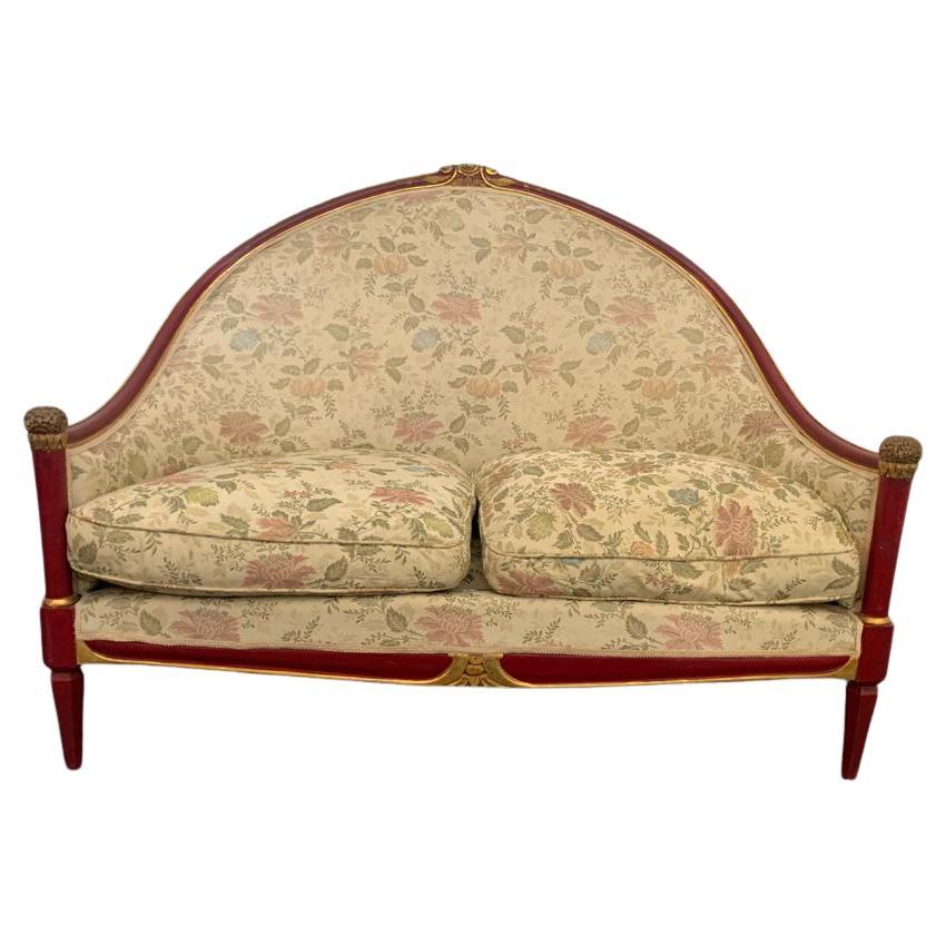 Art Deco red lacquered sofa with carved details, 1930s For Sale
