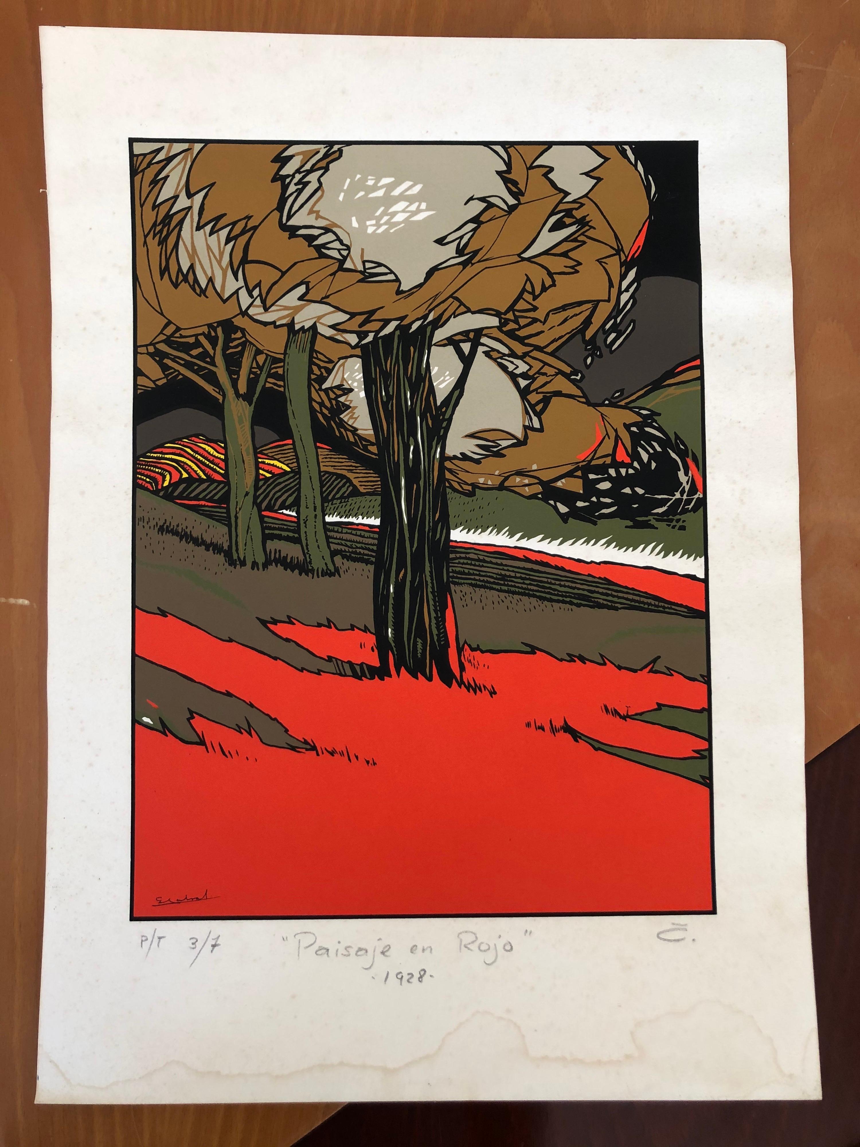 Art Deco Red Landscape by Mexican Artist Ernesto Garcia Cabral Signed and Dated In Good Condition For Sale In San Diego, CA