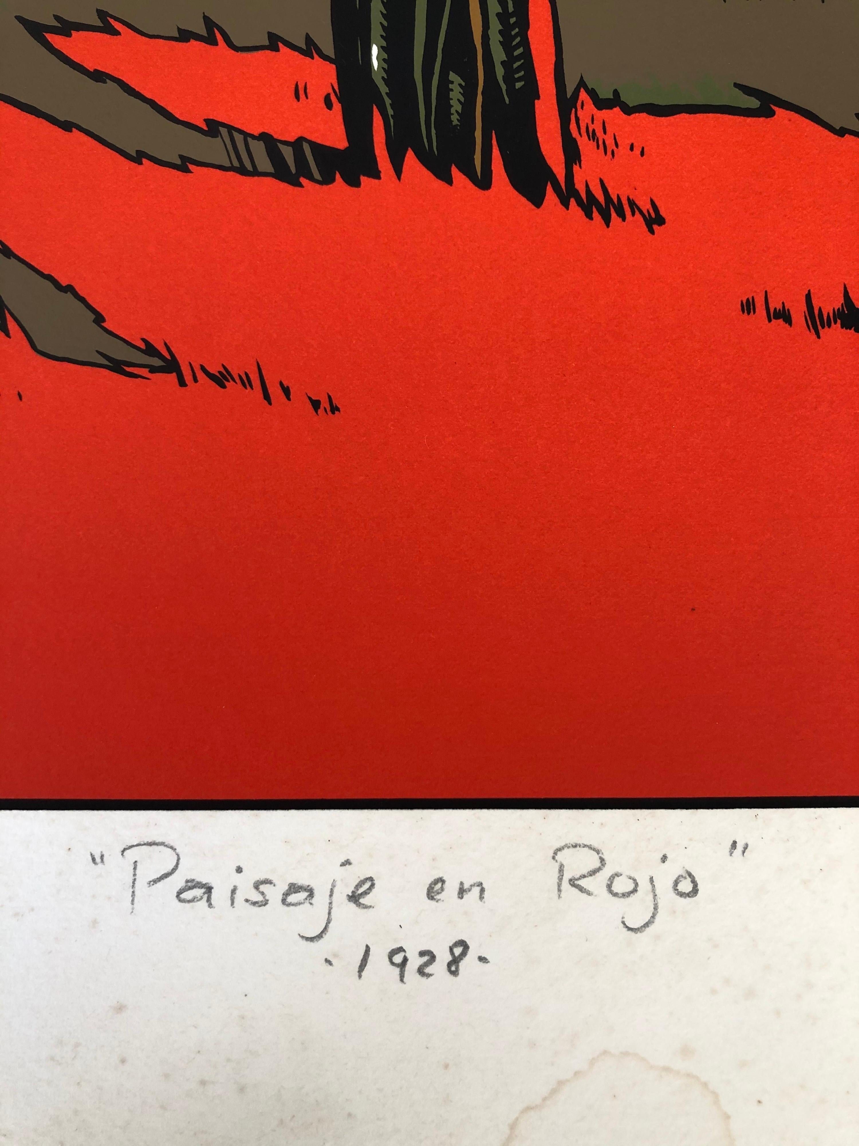 Rote Landschaft im Art Déco-Stil des mexikanischen Künstlers Ernesto Garcia Cabral, signiert und datiert (Papier) im Angebot
