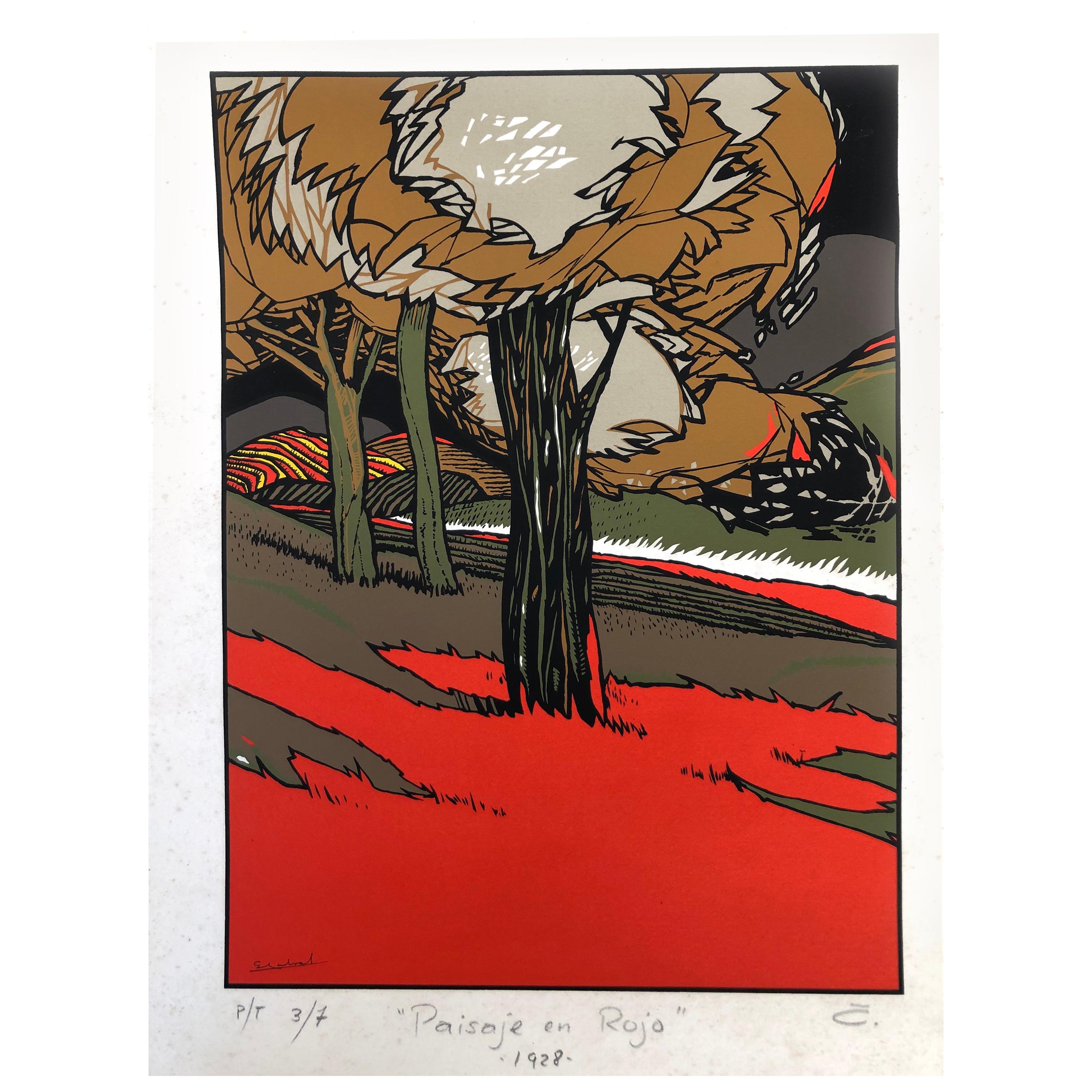 Art Deco Red Landscape by Mexican Artist Ernesto Garcia Cabral Signed and Dated