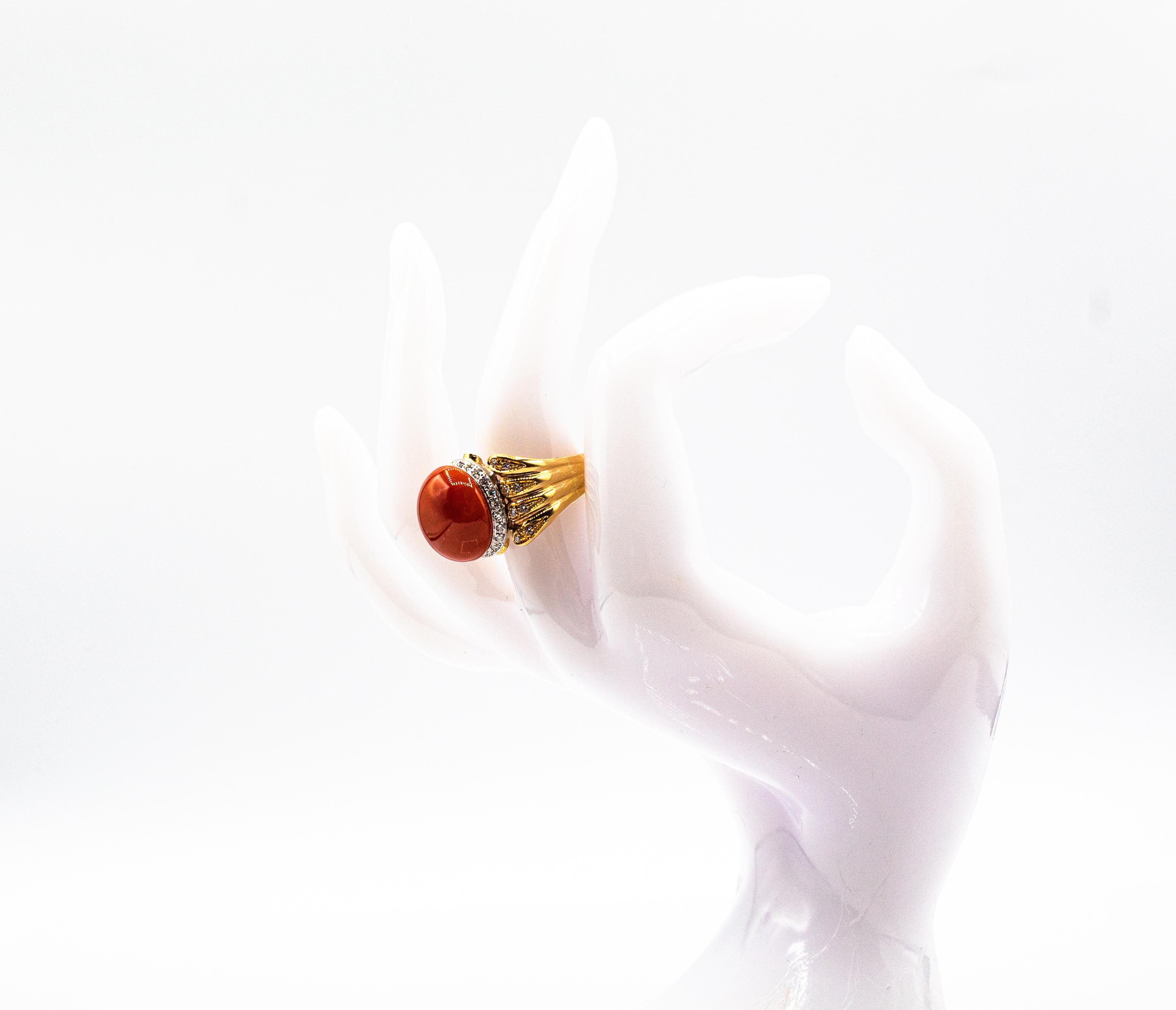 Art Deco Red Mediterranean Coral White Diamond Emerald Yellow Gold Cocktail Ring For Sale 10