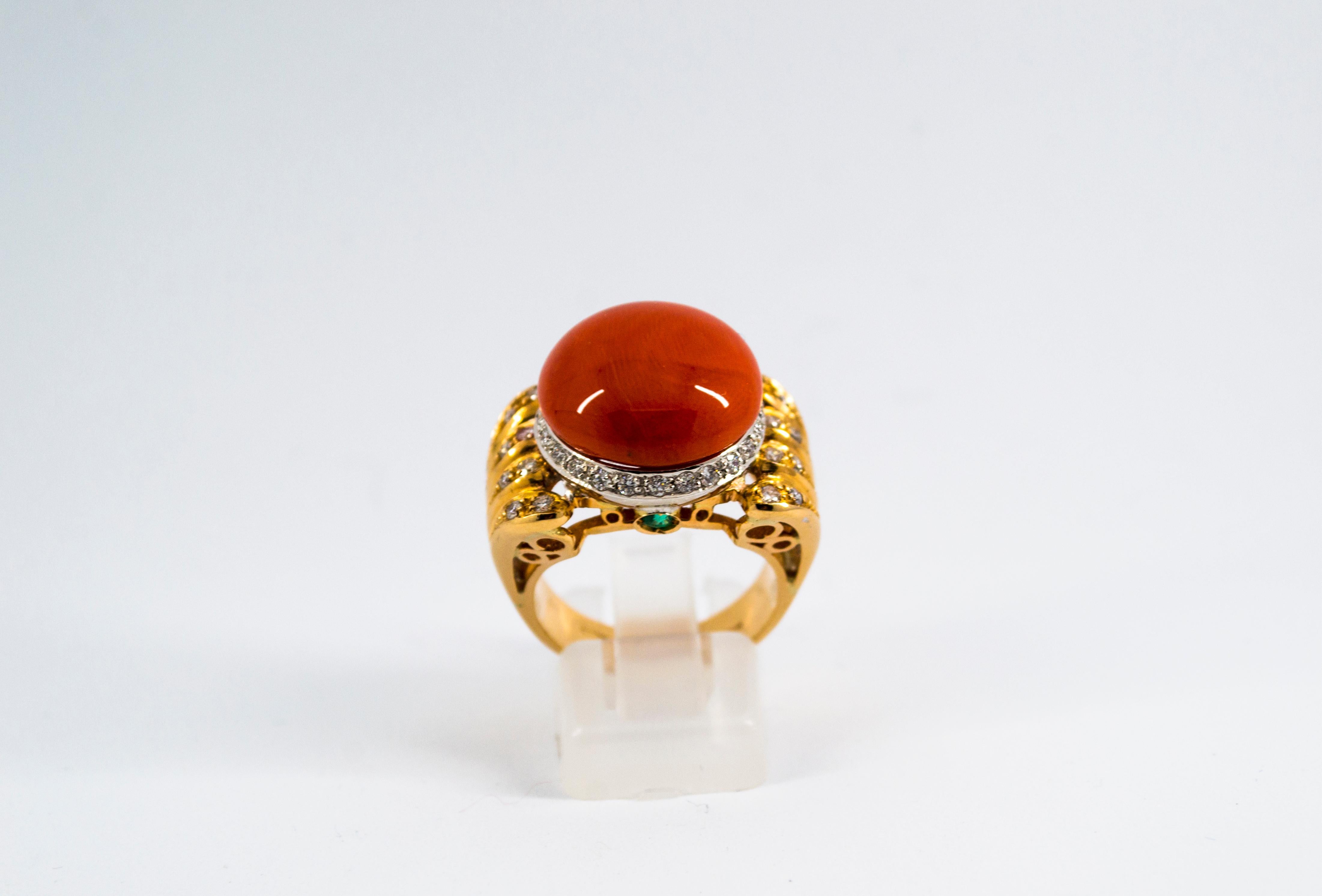 Art Deco Red Mediterranean Coral White Diamond Emerald Yellow Gold Cocktail Ring In New Condition In Naples, IT
