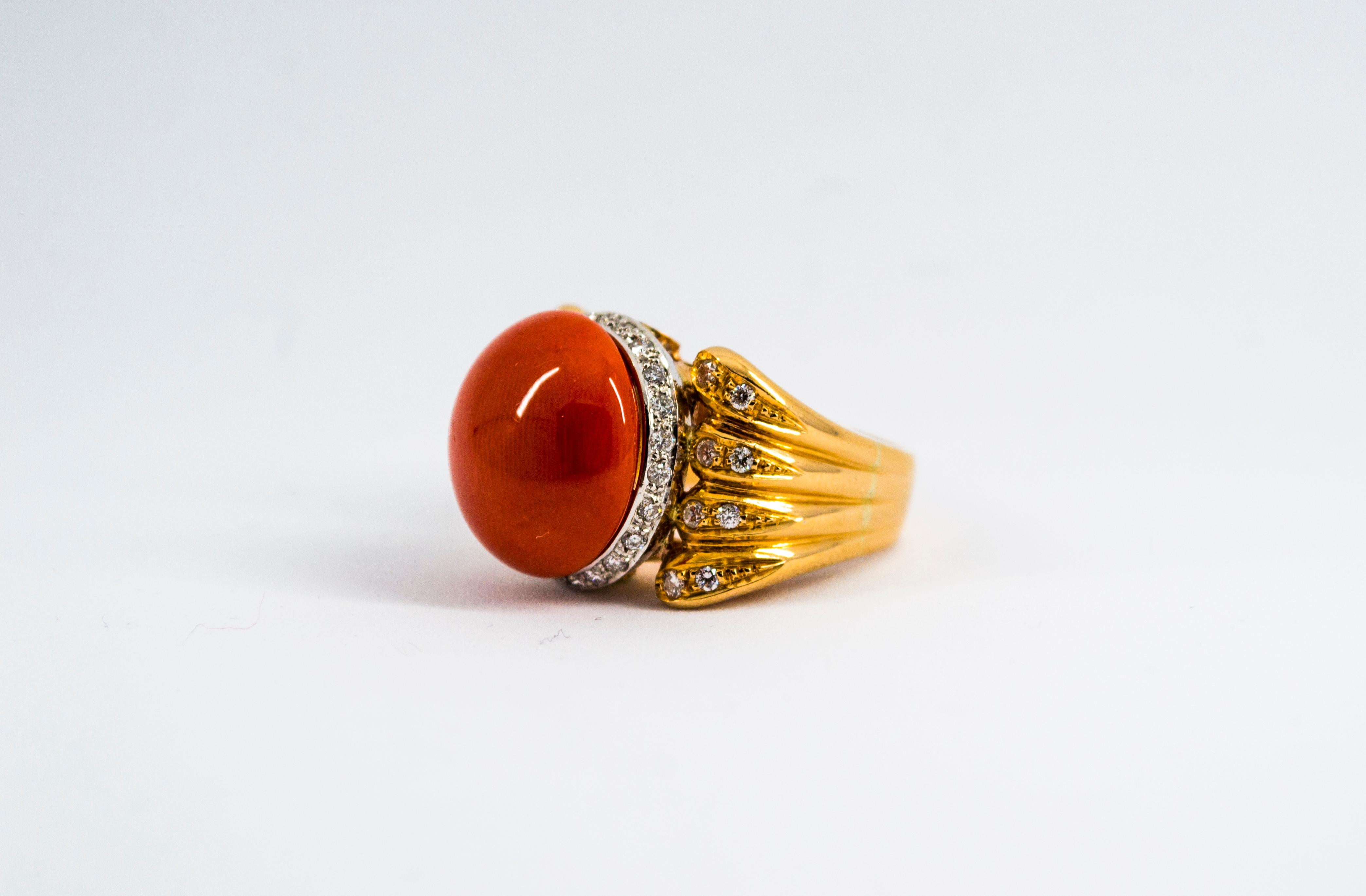 Art Deco Red Mediterranean Coral White Diamond Emerald Yellow Gold Cocktail Ring 1